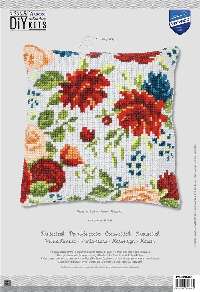 Vervaco Kreativset Vervaco PN-0194442 Kreuzstichkissenpackung Pfingstrosen, (Set, embroidery Kit), Made in Europe