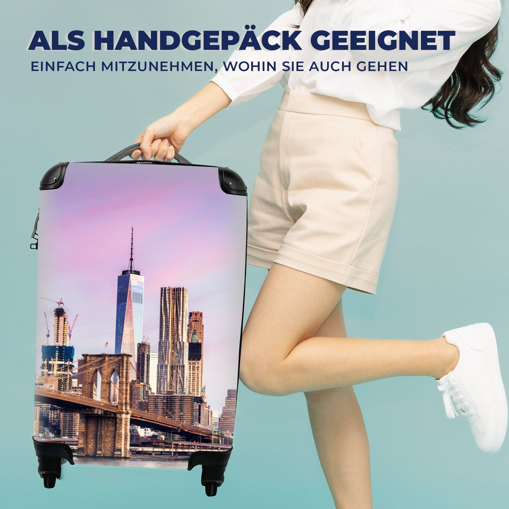 MuchoWow Handgepäckkoffer Brooklyn Bridge Skyline, Handgepäck Reisetasche Trolley, die mit 4 für New Rollen, und rollen, Ferien, Yorker Reisekoffer