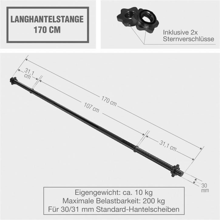 Langhantelstange cm kg Sternverschluss, SPORTS Langhantelstange mit GORILLA 170 cm Stahl, Schwarz 170 10