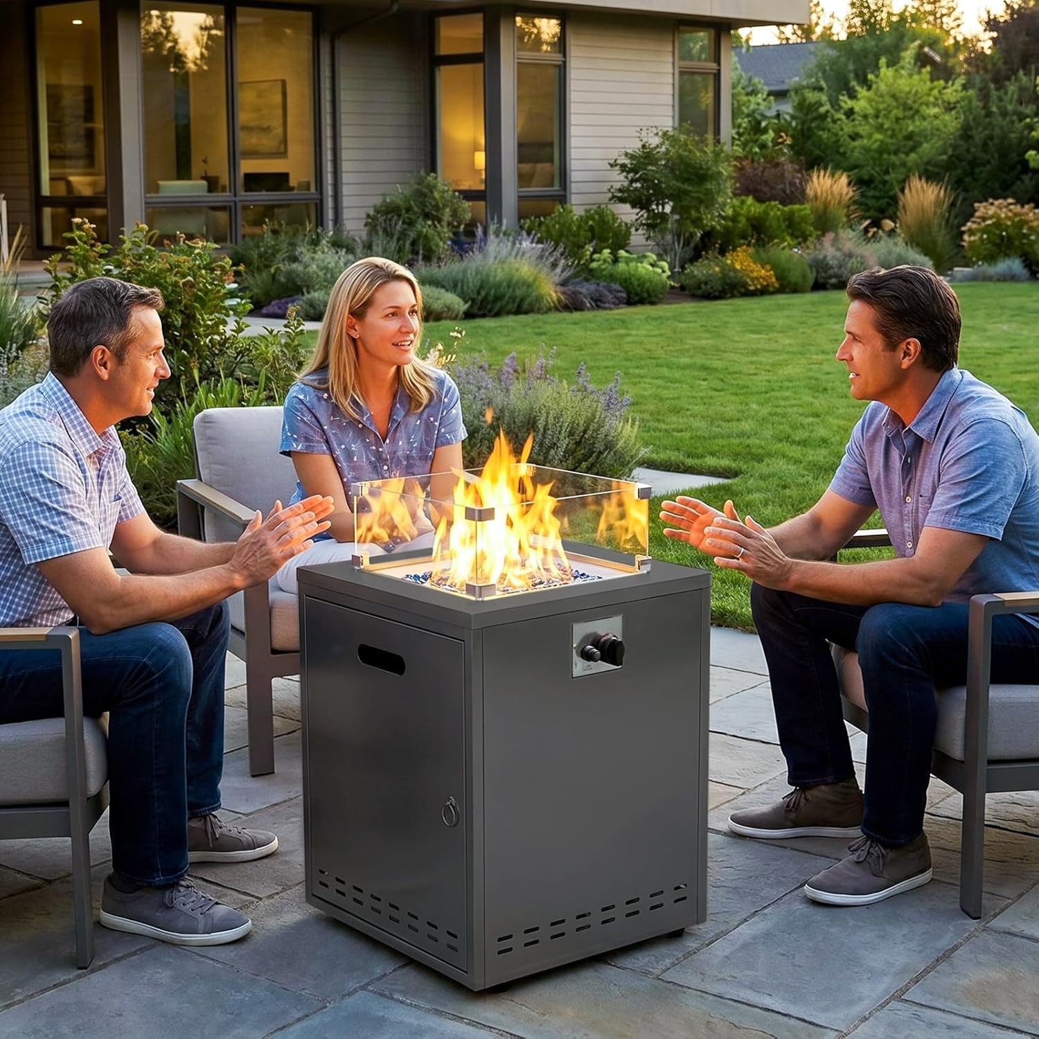 TLGREEN Feuerstelle Gas Feuerstelle 20 Zoll Quadratisch, (Outdoor Feuertisch mit Glaswindschutz 14,5 kW, Flüssiggas Gaskamin Garten Terrasse Balkon mit Schutzhülle Glassteinen), 4PCS Füße, 50x50x62cm