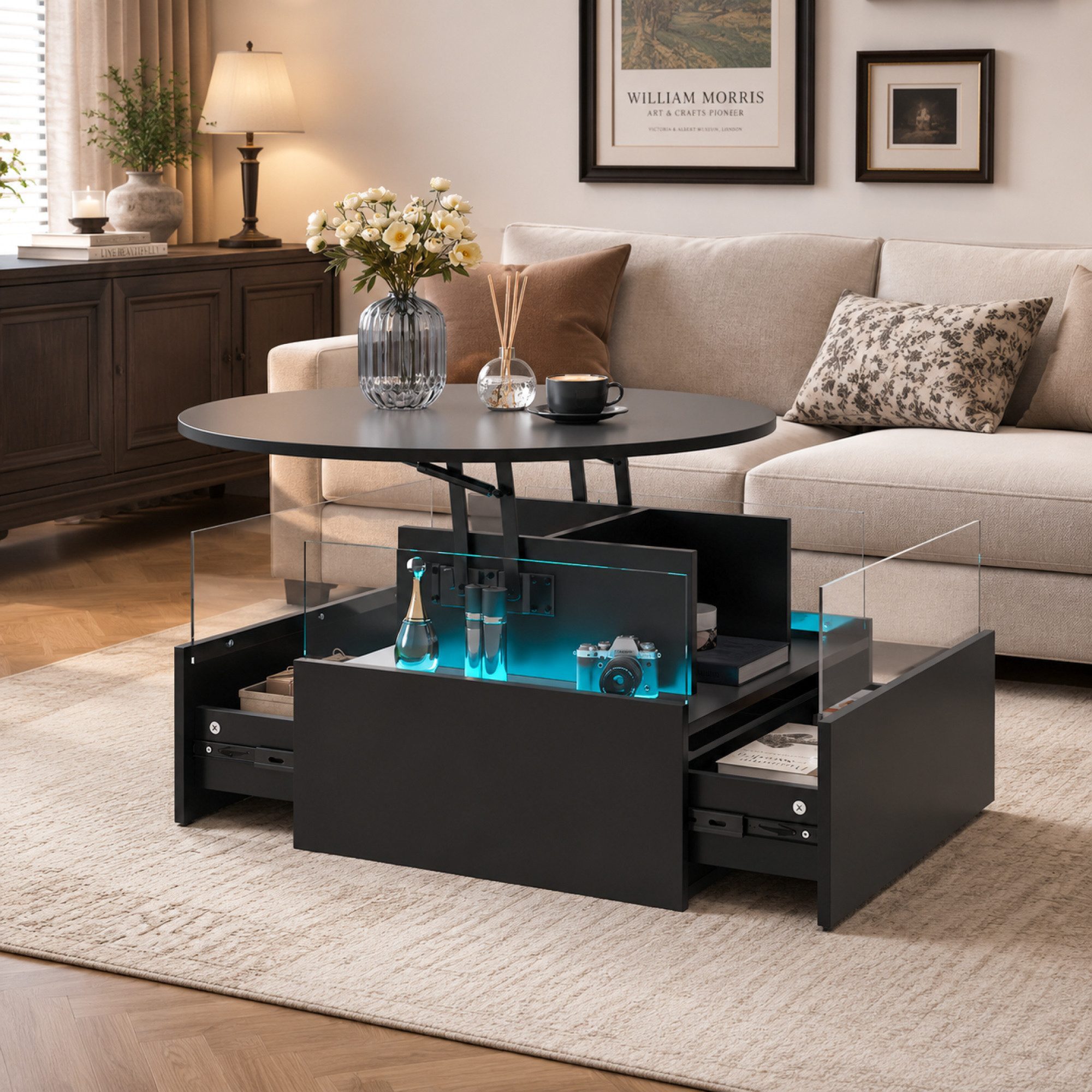 radelldar Couchtisch mit LED Beleuchtung, höhenverstellbarer Wohnzimmertisch, 78x78x40cm (1-St., 1 Tisch), höhenverstellbarer