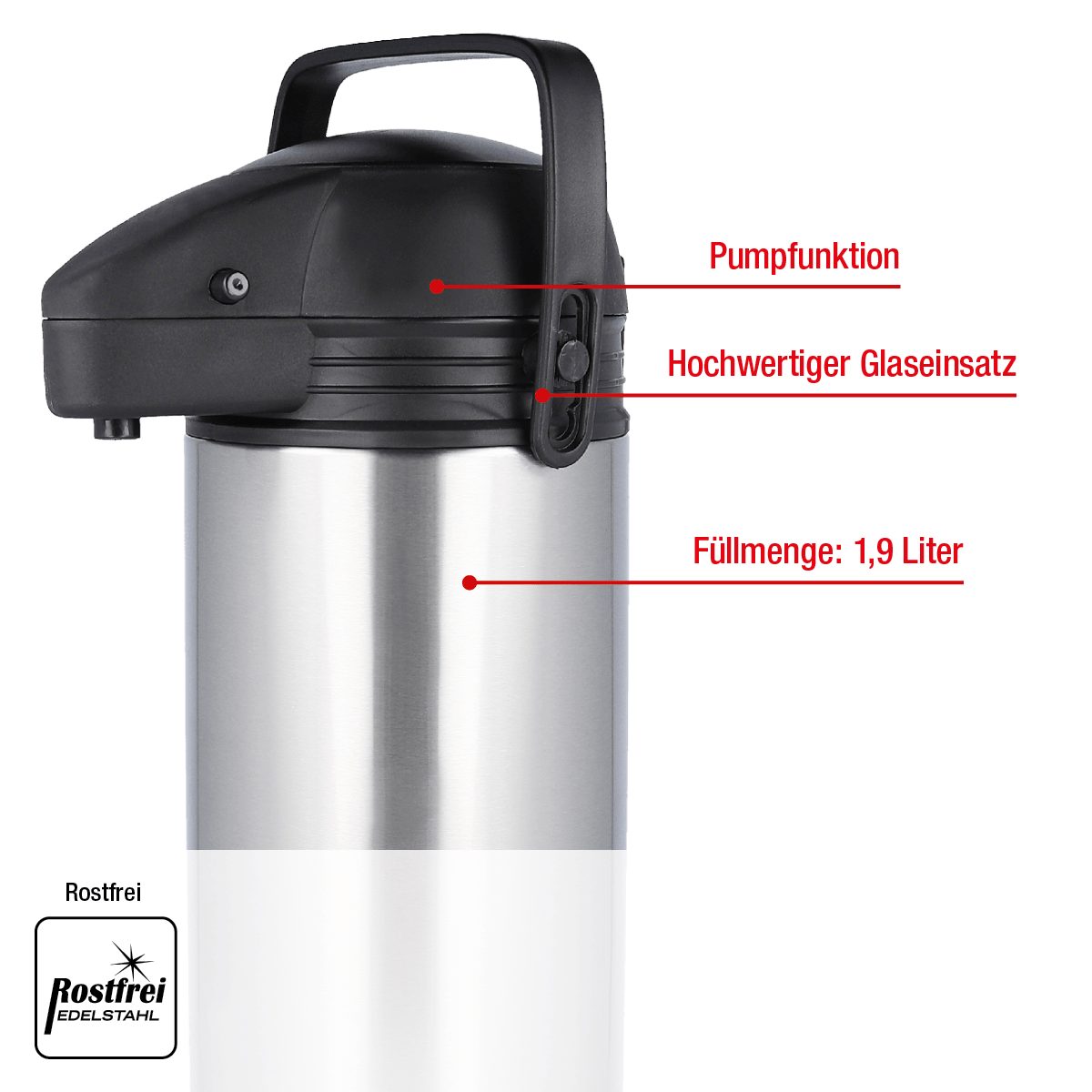 EUROHOME Pump-Isolierkanne Airpot Pumpkanne l, (Thermoskanne Tragegriff, 1,9 für Pumpkannen mit cm - mit 35 Pumpfunktion Liter Edelstahl Isolierkanne 1,9 hoch)