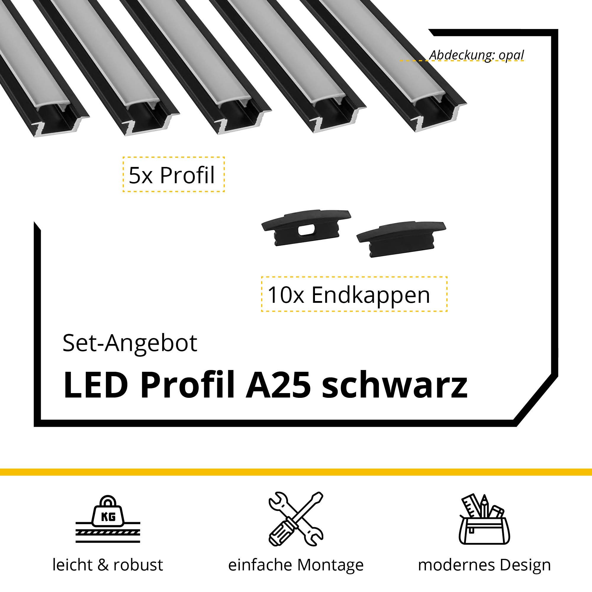 tktrading24 LED-Stripe-Profil 5x A25 LED Profil 2m - Schwarz inkl. Abdeckung & Endkappen – Bild 2 von 5