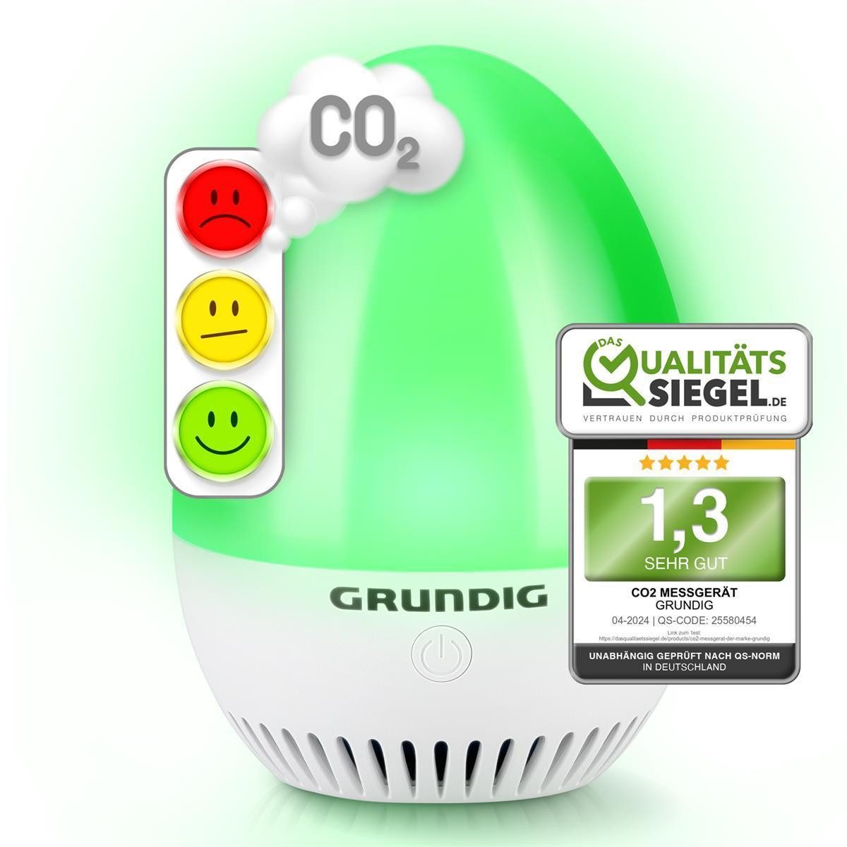 Grundig Raumluft-Qualitätssensor Luftqualitätsmesser CO2 Sensor, Akku Betrieb, einfache Bedienung, 7x7x10 cm
