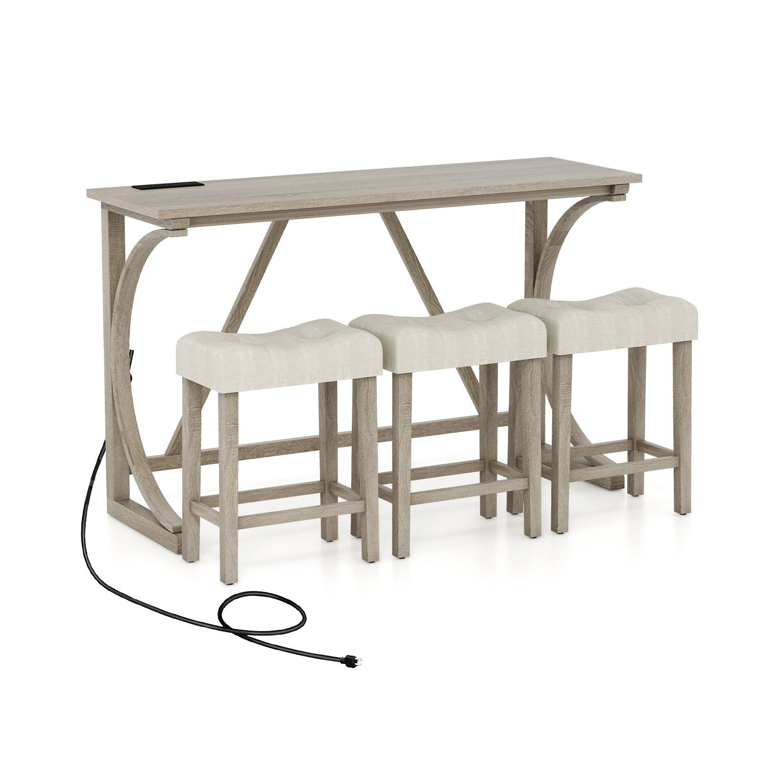 KOMFOTTEU Bartisch (4-St), mit Steckdose, 3 gepolsterten Hockern, aus Holz