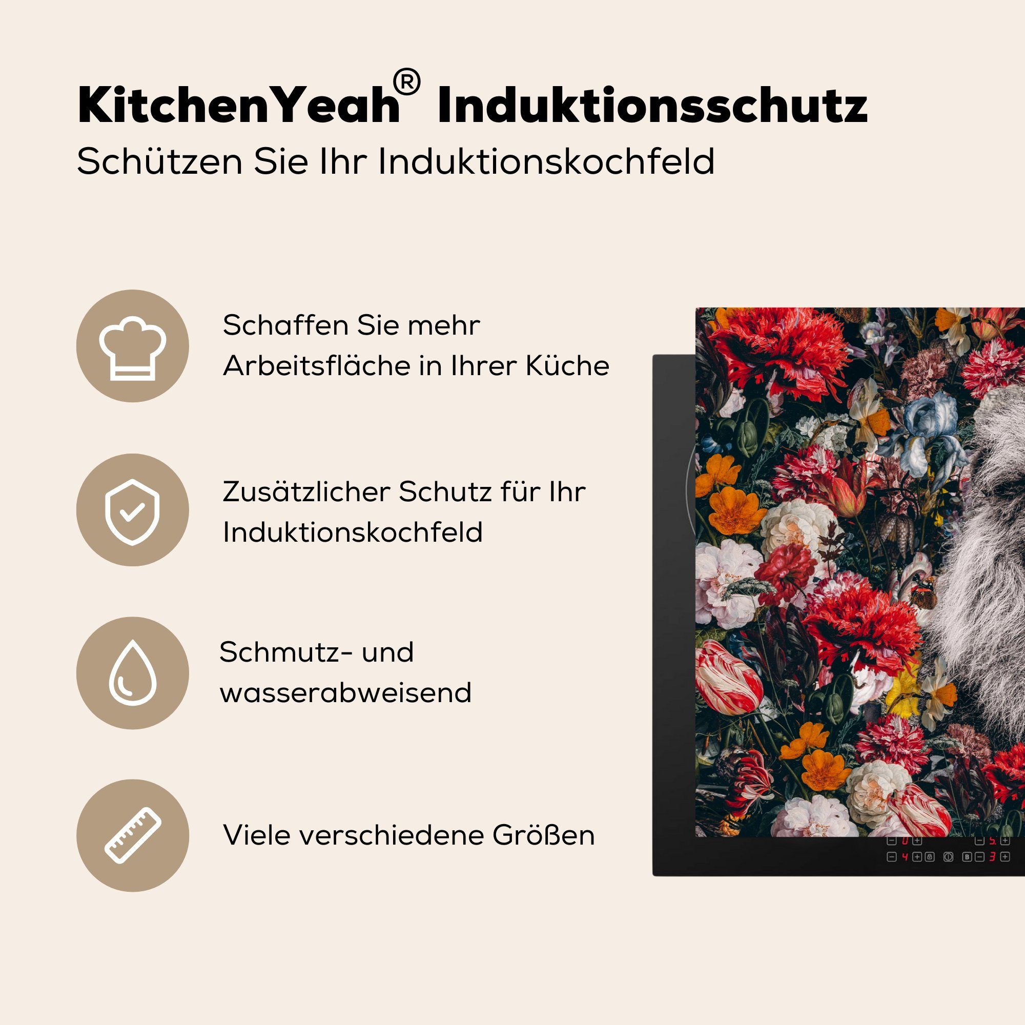 Schwarz Ceranfeldabdeckung Schutz Löwe küche, 81x52 MuchoWow cm, Induktionskochfeld Vinyl, Blumen - für (1 tlg), - die - Herdblende-/Abdeckplatte Weiß,