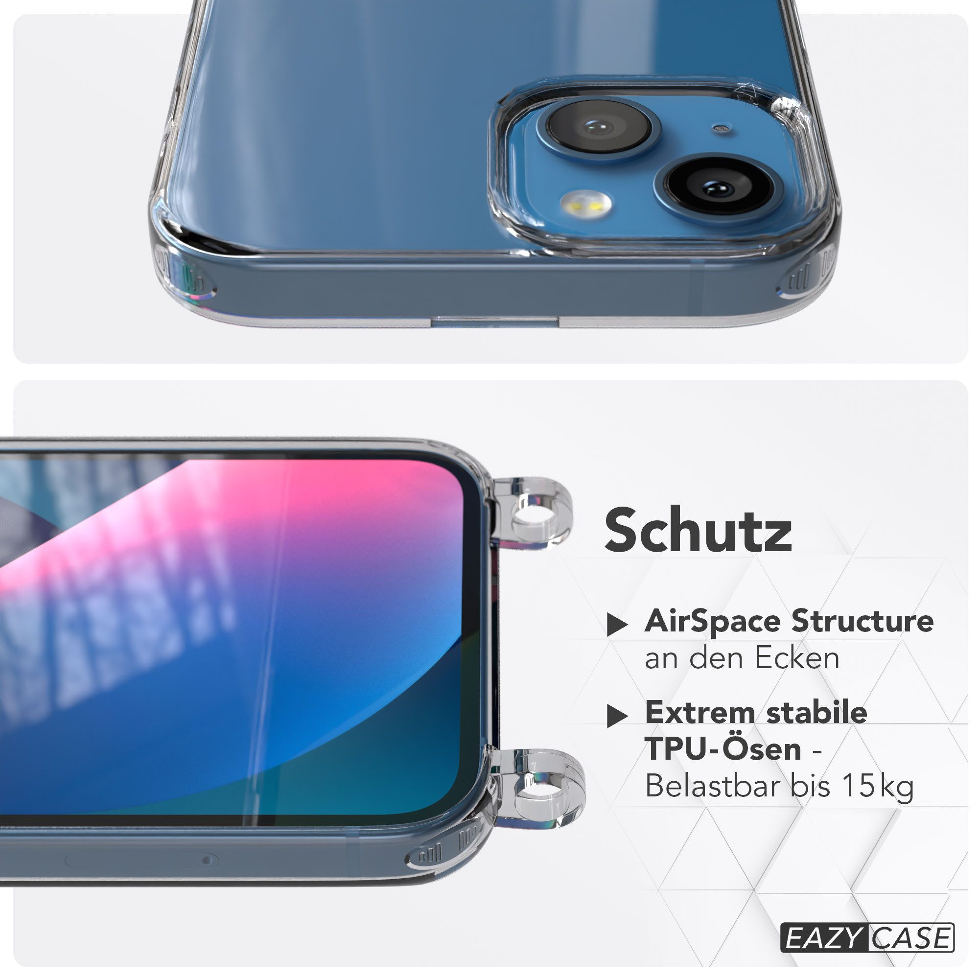EAZY CASE Handykette Handyhülle für Handyketten mit Befestigungsösen für iPhone Modelle 6,1 Zoll, Hülle für Handykette, Transparent mit Ösen für Apple iPhone 13
