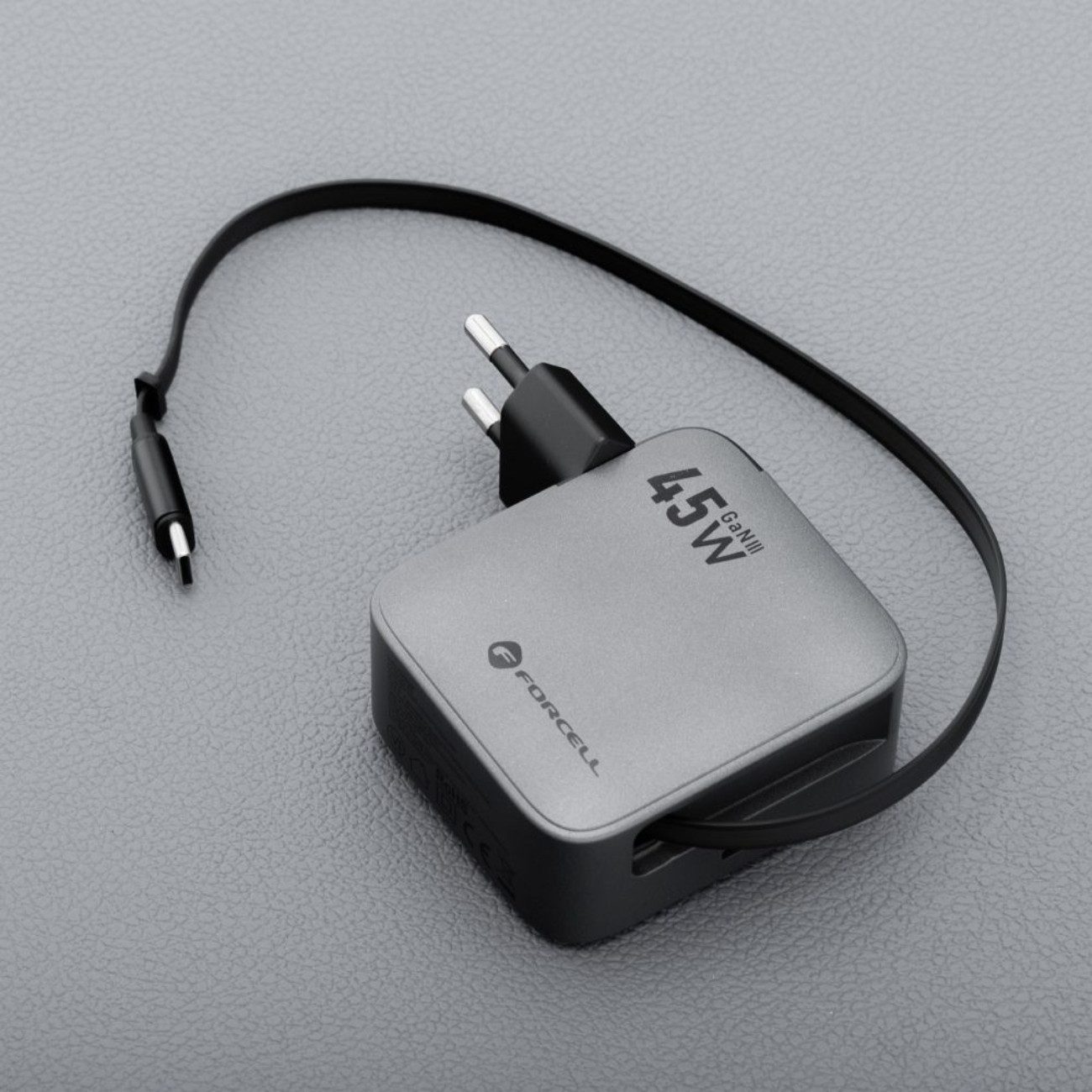 Forcell VT-R5 USB-Ladegerät (3000 mA, Einzelladegerät, Einzelladegerät, GaN-III Ladegerät 45 W mit USB-C-Port & integriertem Kabel)