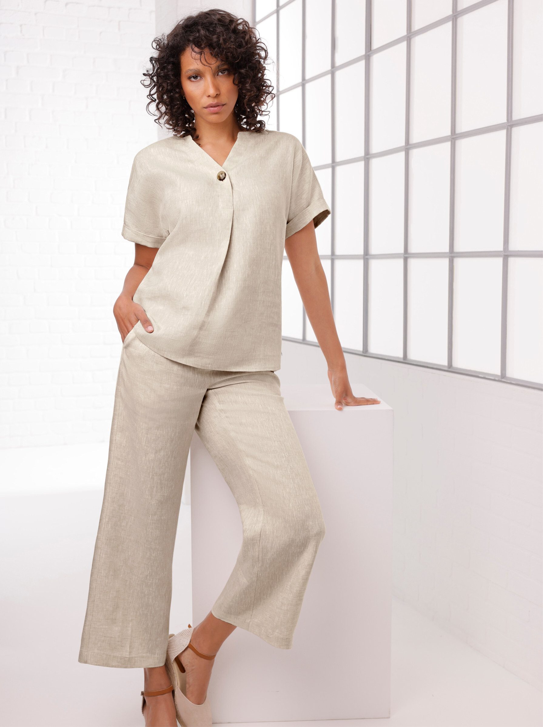 Klassische Bluse Leinen-Bluse Kurzarm