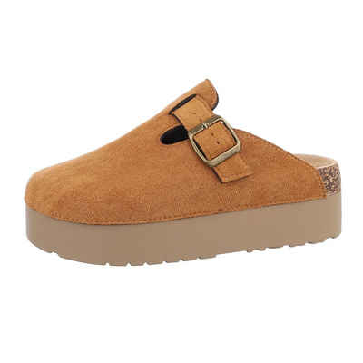 Ital-Design Damen Mules Freizeit Plateausandaletten Flach Pantoletten in Camel