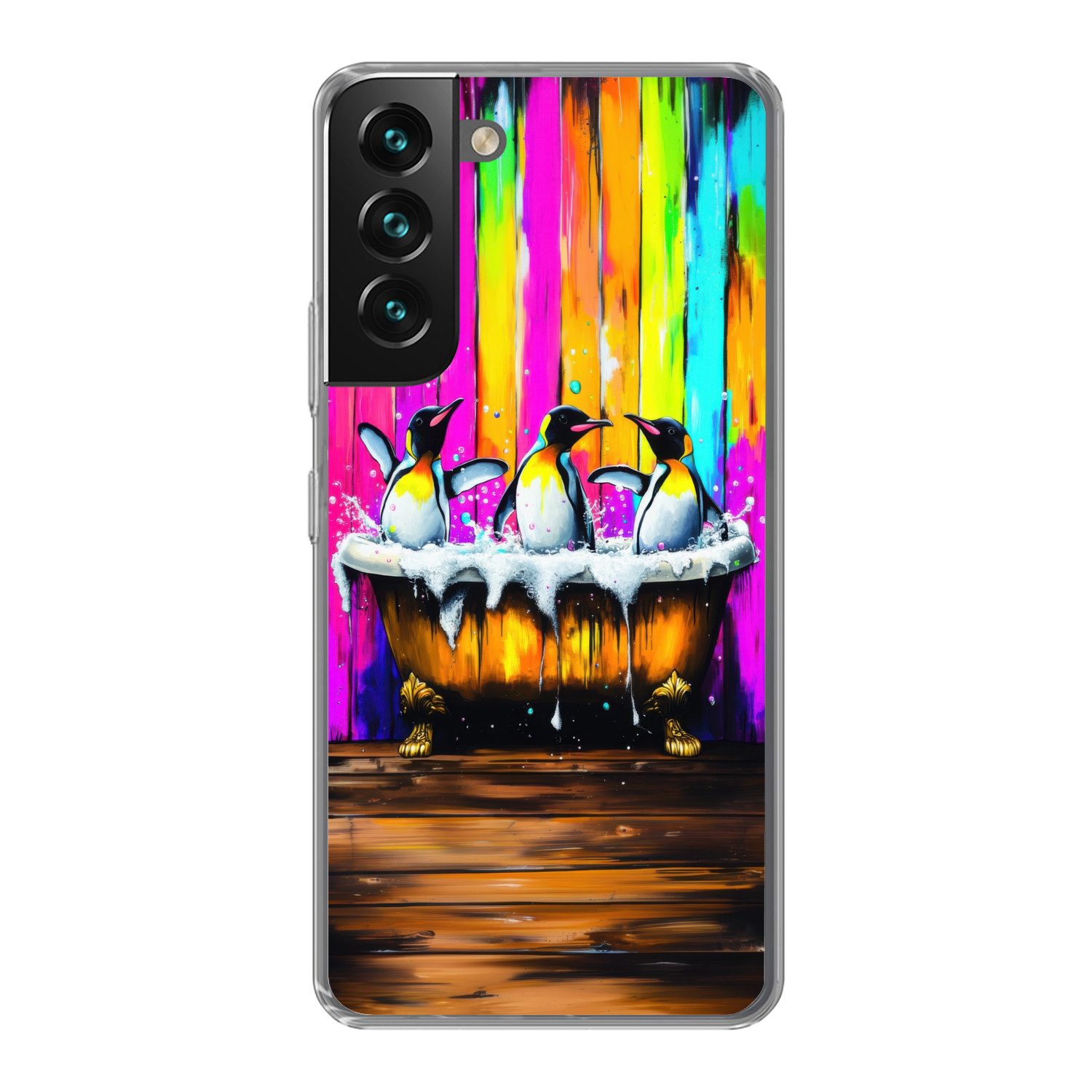 MuchoWow Handyhülle für Samsung Galaxy S22 Pinguine - Badewanne - Bunt - Schaumstoff, Phone Case, Silikon, Schutzhülle Dünn