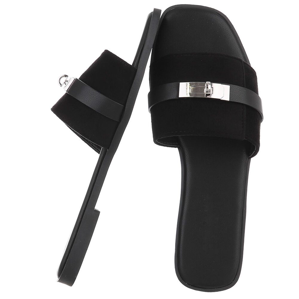 Ital-Design Damen Pantolette mit Metall-Detail und flachem Fußbett Pantolette (91742334) Blockabsatz Pantoletten in Schwarz