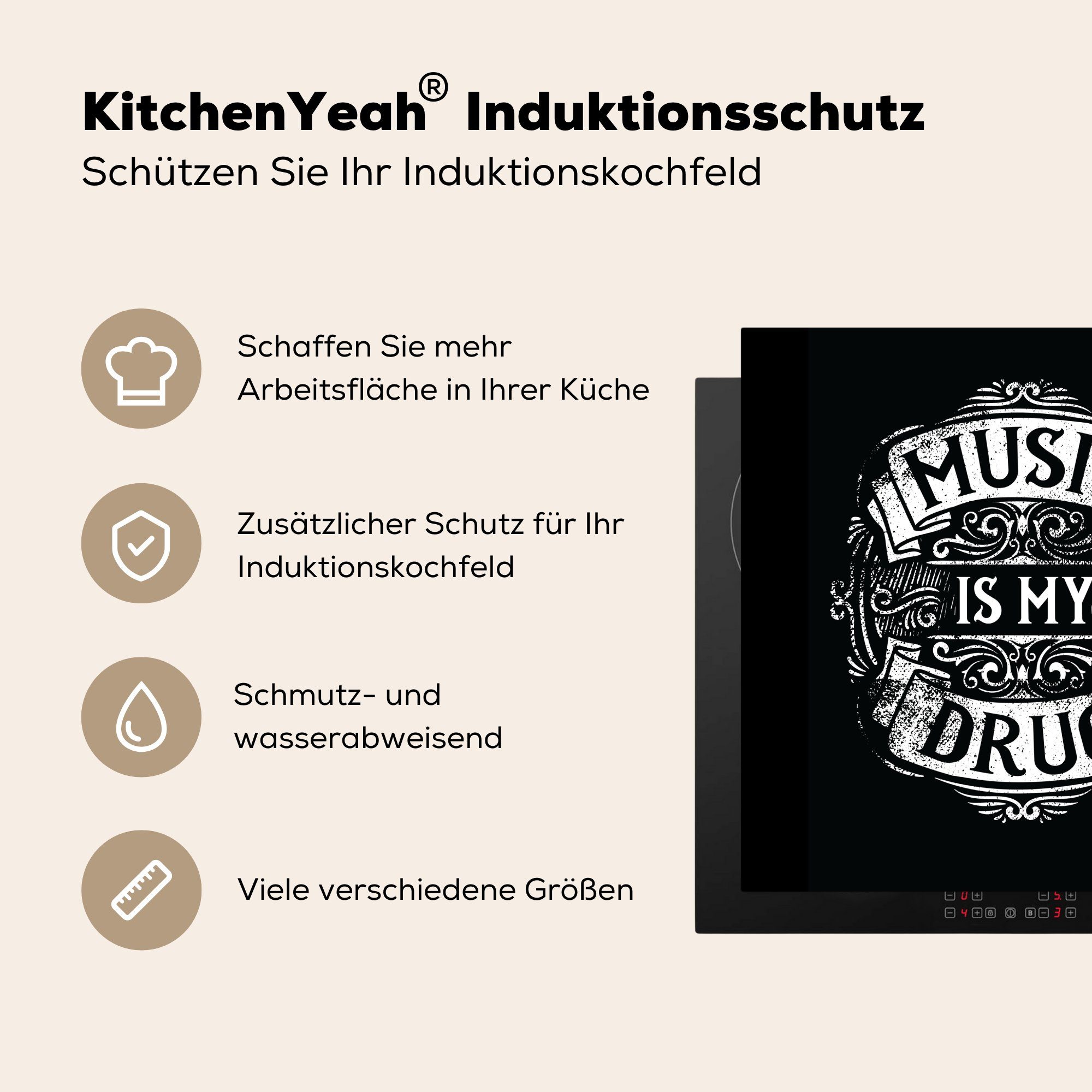 MuchoWow Herdblende-/Abdeckplatte 78x78 küche für Musik - cm, (1 Vinyl, Ceranfeldabdeckung, - Retro Arbeitsplatte tlg), Zitat