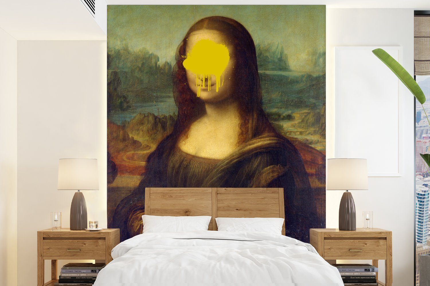 MuchoWow Fototapete Mona Lisa - Leonardo da Vinci - Gelb, Matt, bedruckt, (4 St), Montagefertig Vinyl Tapete für Wohnzimmer, Wandtapete