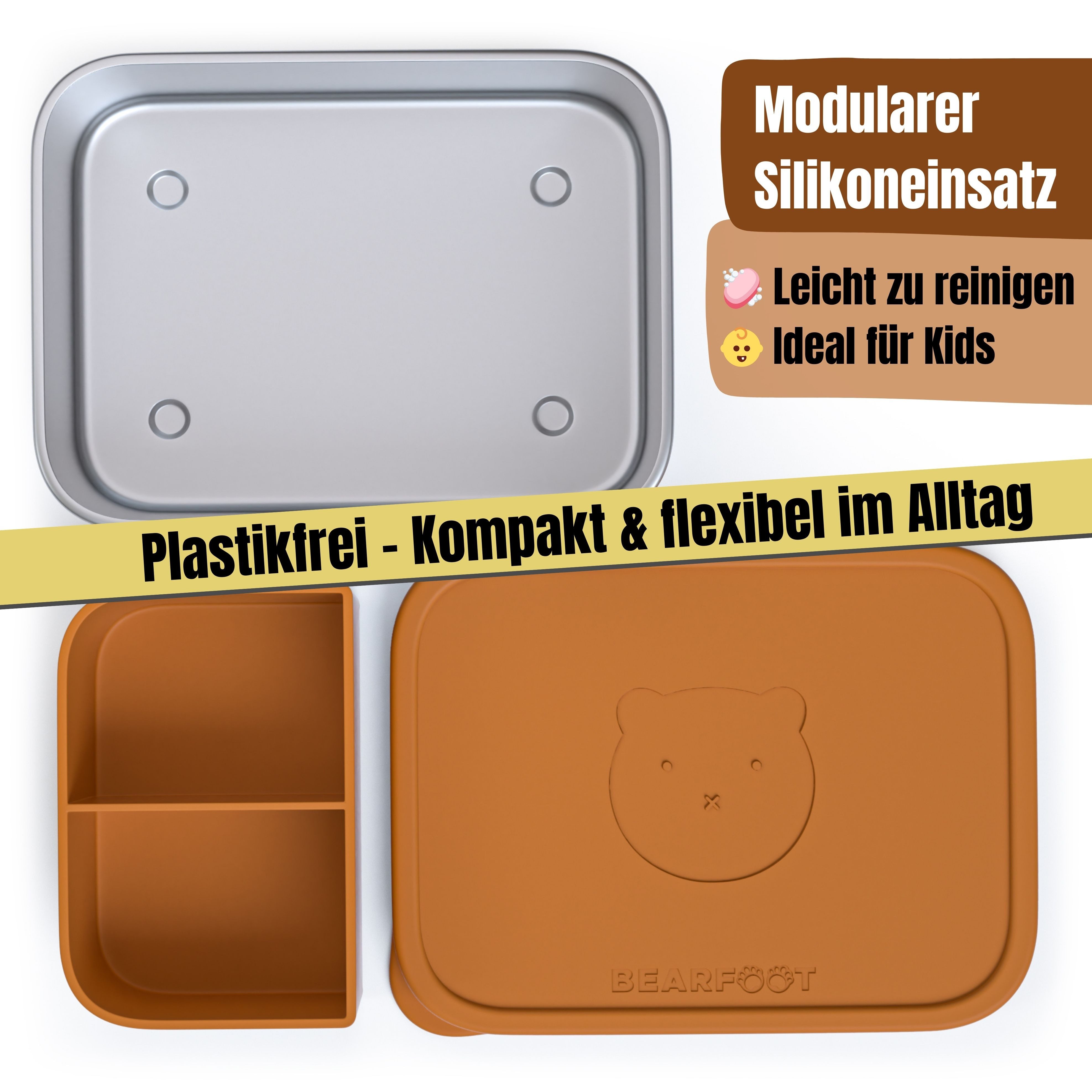 BEARFOOT Lunchbox Brotdose Kinder Edelstahl mit Silikoneinsatz - Braun, Kindergarten und Schule - Mädchen und Jungen, Vesperbox, Snackbox