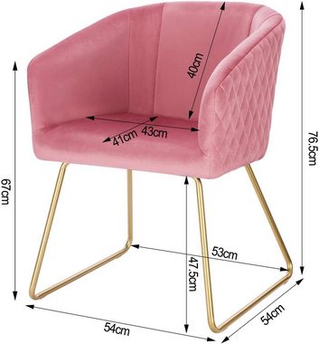 Woltu Polsterstuhl (Set, 1 St), Küchenstuhl mit Armlehne, Sitzfläche aus Samt, Metall, Gold Beine, Rosa