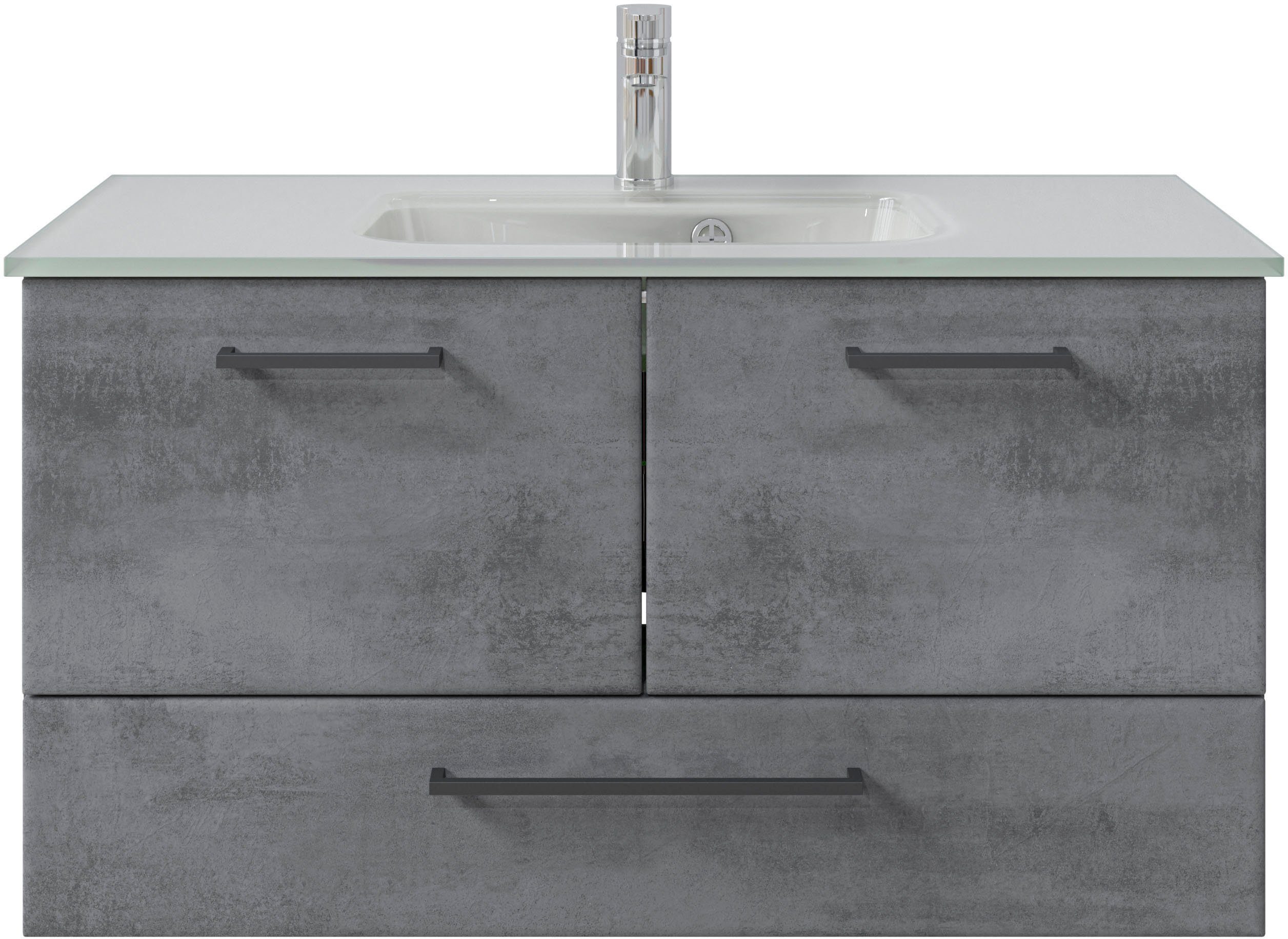 Badmöbel-Set Quickset 945 Glas-Waschtisch mit Unterschrank, 99 cm breit, Waschplatz