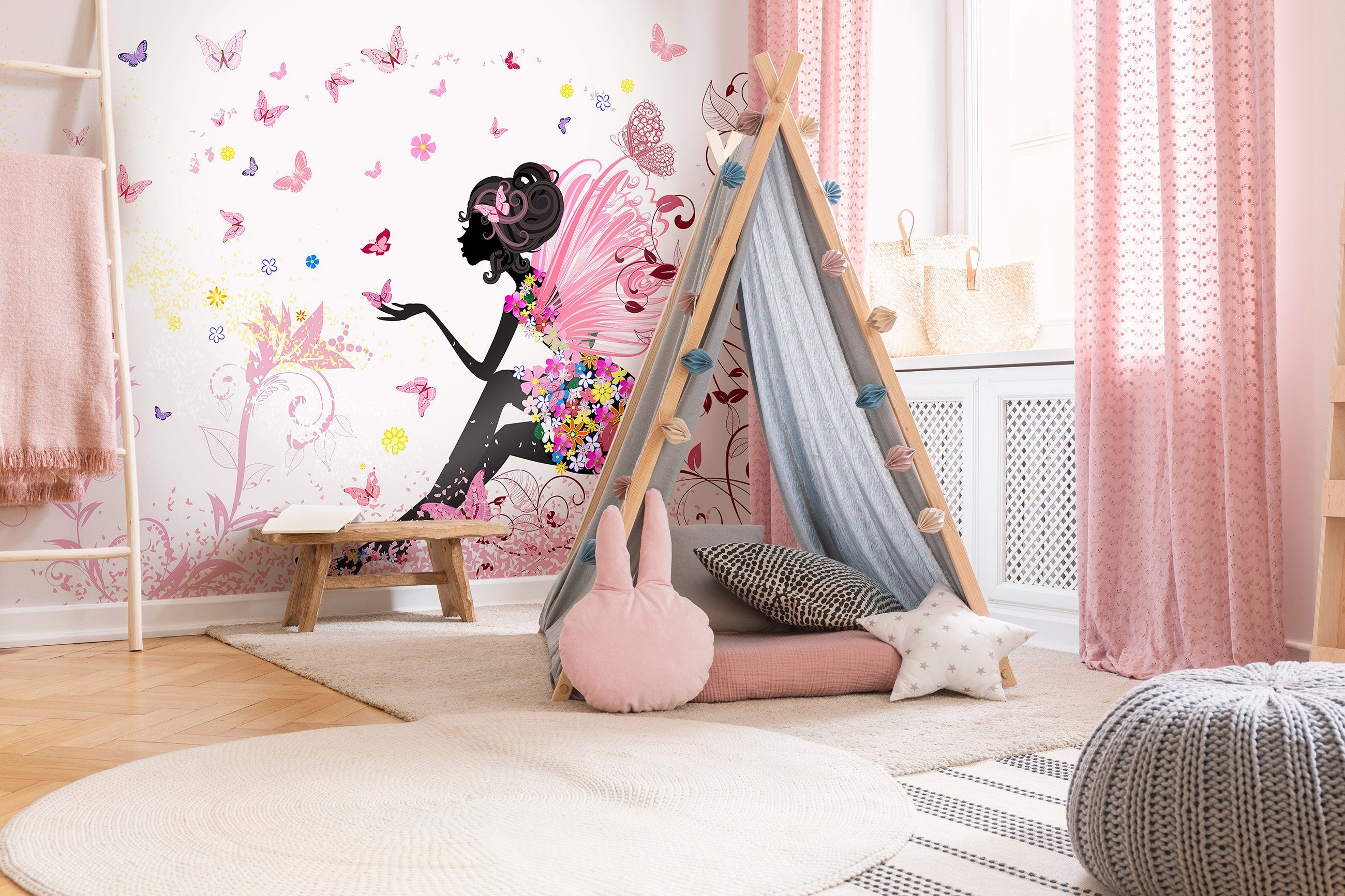 Mädchen Tapete Schmetterlinge Kinderzimmer Motivtapete, Kinder Kleister Vlies Vliestapete Glatt, Babyzimmer Kinderzimmer inklusive Rose Blumen Wallarena für Fototapete Mädchenzimmer Fee Wandtapete Fee, Vliestapete