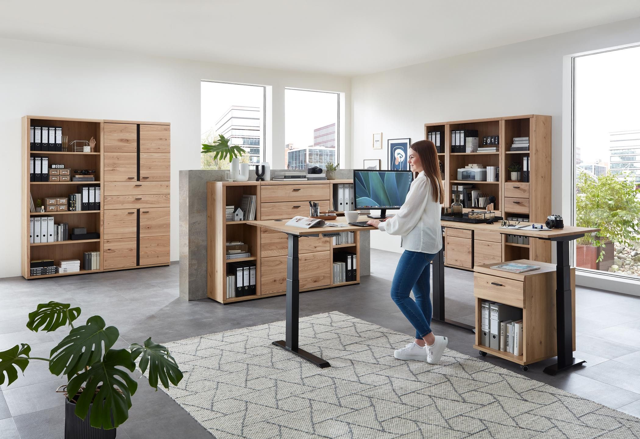 Innostyle Büromöbel-Set Komplettbüro SONOS IV 10-teilig Front Altesche Massivholz gebürstet, (Komplett-Set, 10-tlg., 3x Schrank, 5x Regal, 1x Schreibtisch, 1x Rollcontainer)