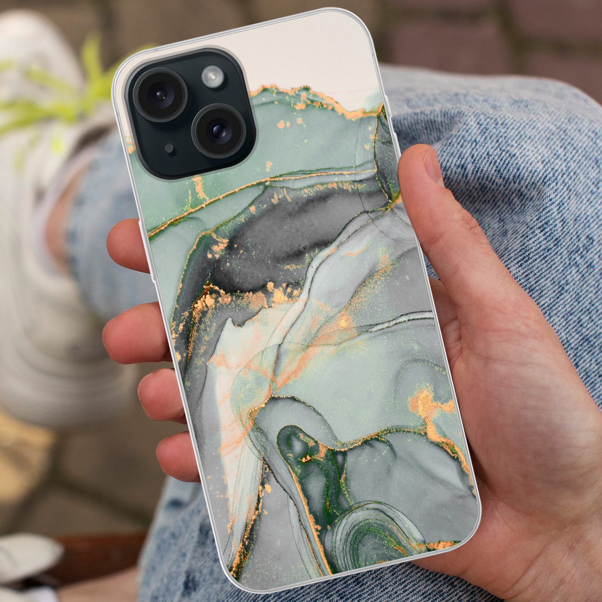 MuchoWow Handyhülle für Apple iPhone 15 Gold - Marmor - Grün - Luxus - Glitzer - Marmoropt, Smartphone-Bumper, Print, Handy Schutzhülle Dünn