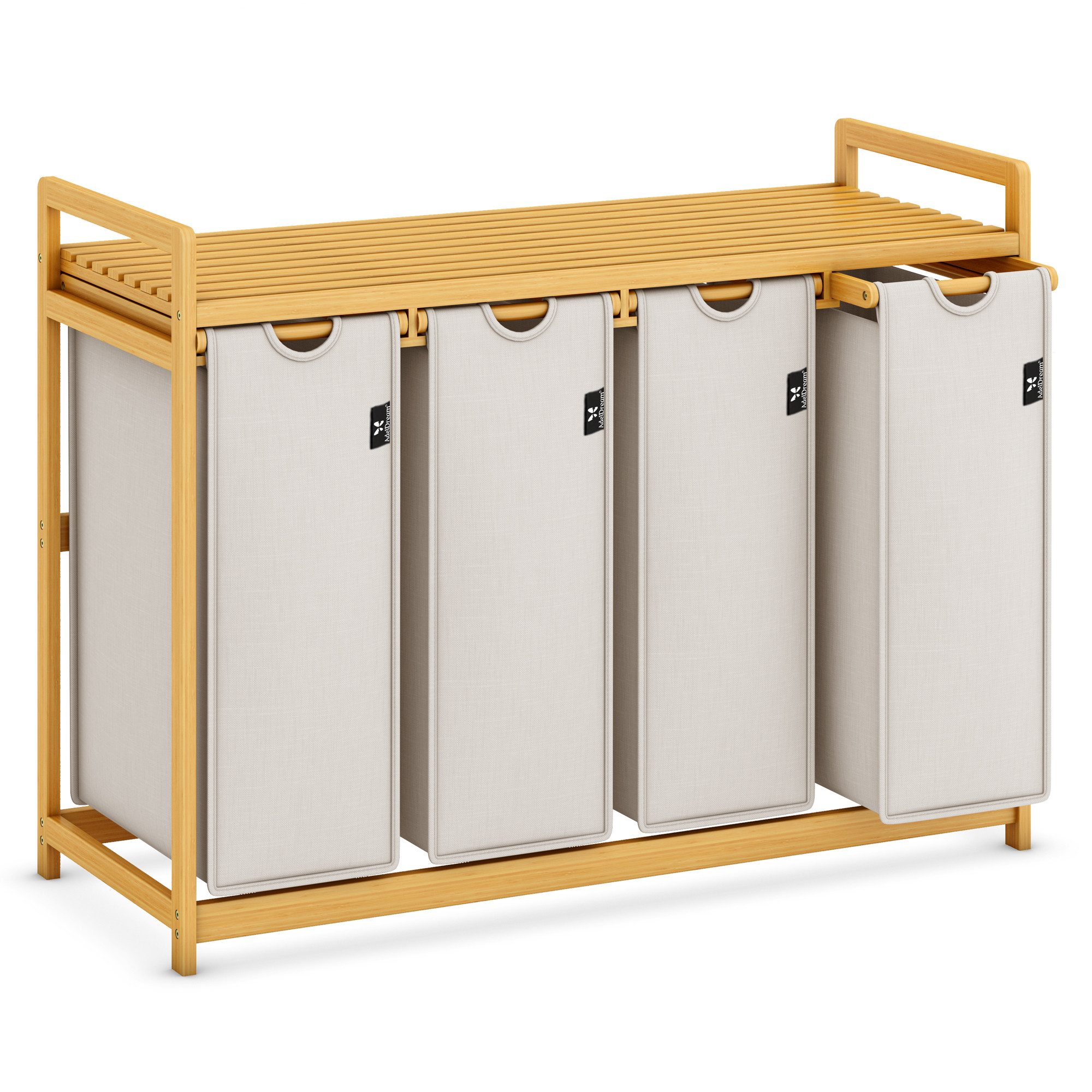 AdelDream Wäschekorb mit Bambusrahmen,200 l, 4 Fächer,Wäschesortierer