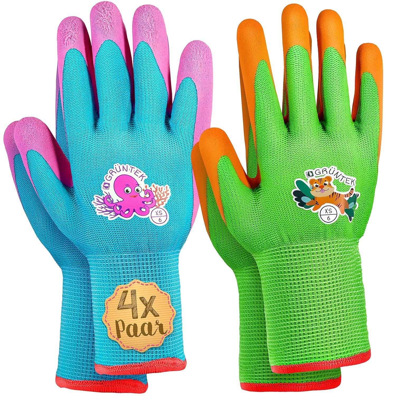 GRÜNTEK Садовые перчатки Kinder-Sicherheitsgartenhandschuhe, rutschfeste Latexbeschichtung (Set, 8-St., 4 Paar Размер XXS / 5) bunt, geprüft und zertifiziert nach EN 420 & EN 388