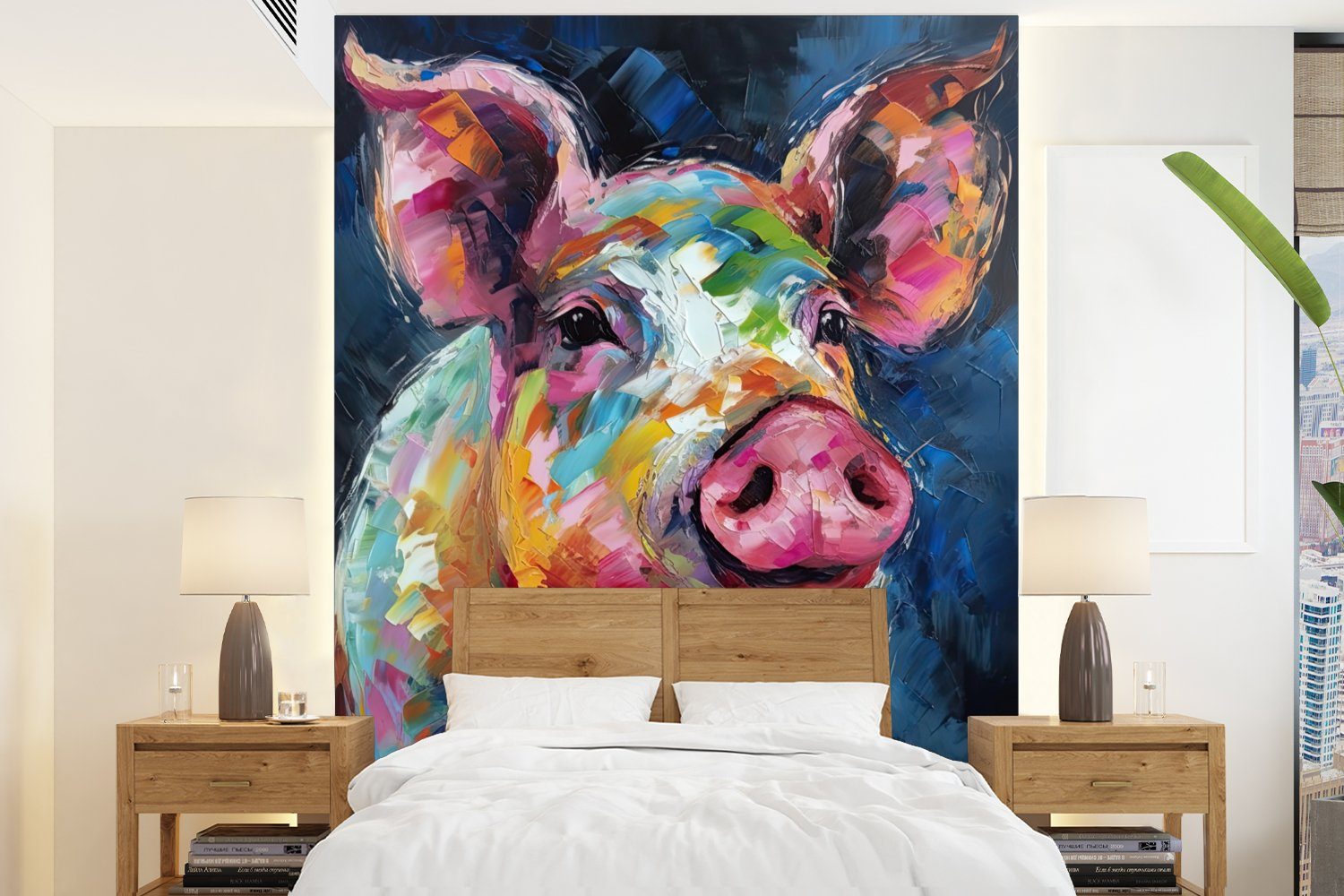 MuchoWow Fototapete Schwein - Ölfarbe - Tiere - Kunst, Matt, bedruckt, (4 St), Montagefertig Vinyl Tapete für Wohnzimmer, Wandtapete