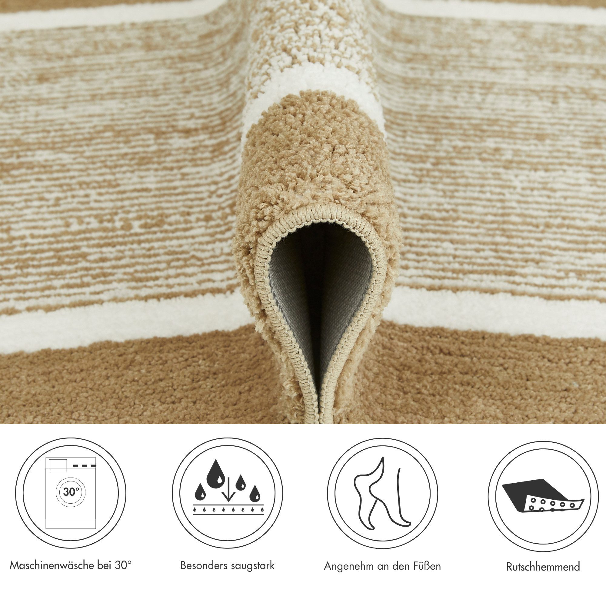 Andiamo Badematte Maui, Höhe 15 mm, rutschhemmend beschichtet, fußbodenheizungsgeeignet, Polyester, rechteckig, gestreift, mit Bordüre, auch als 2er Set erhältlich