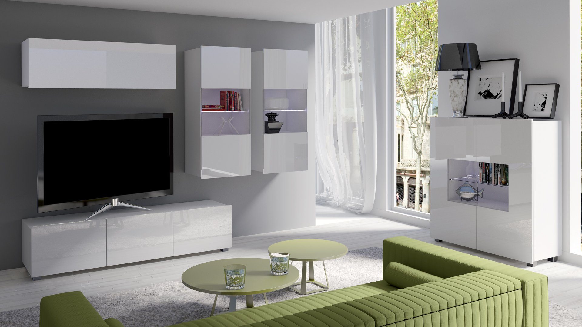 Stylefy Wohnwand Bietula, (Set (5-St), Modern wahlweise Design, 5-teilig, FSC-Zertifizierung, Weiß mit LED-Beleuchtung, Hochglanz Wohnmöbel), stellbar variabel