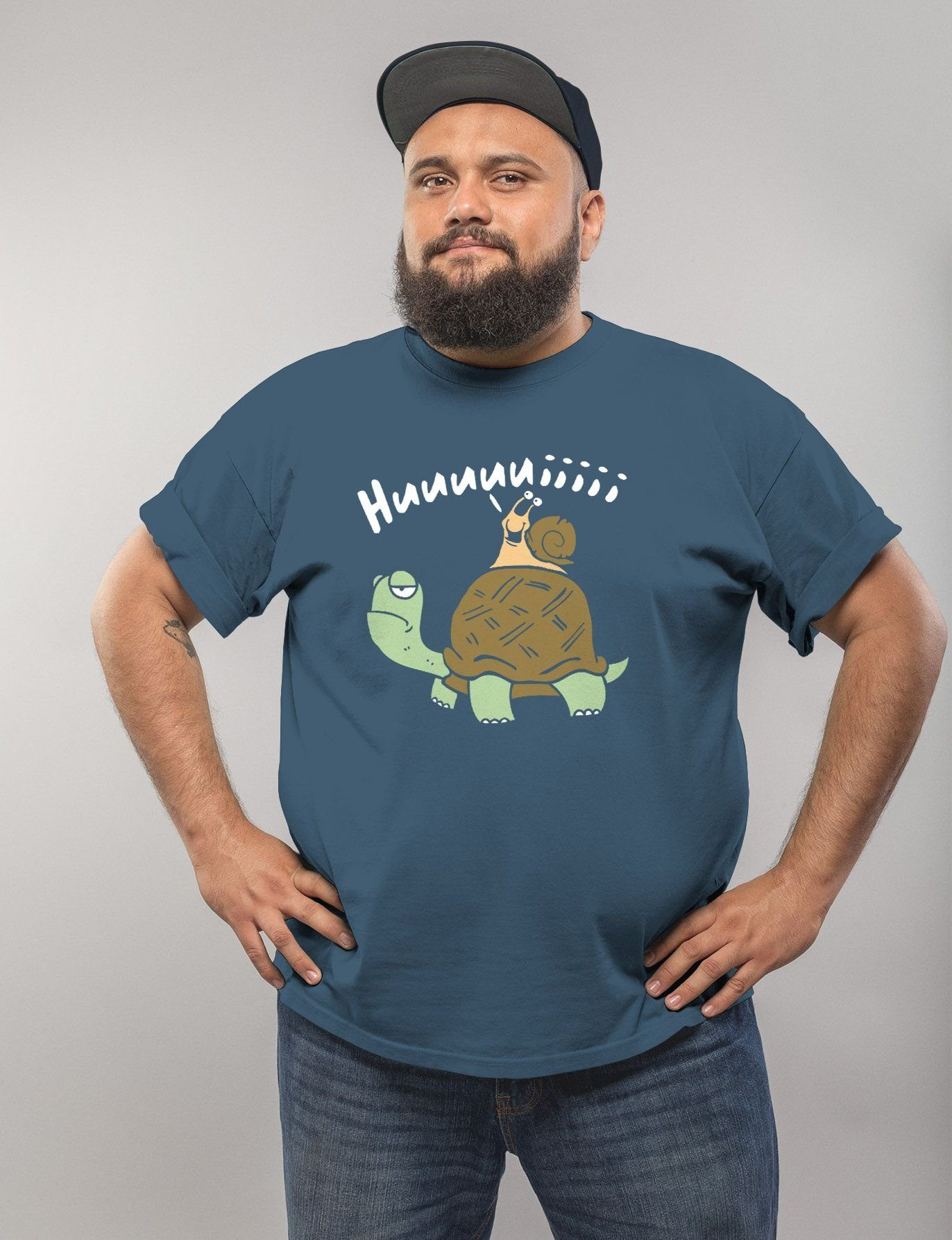 Print-Shirt Huuuuiiii blau Fun-Shirt Herren Schnecke Scherz Moonworks® Schildkröte lustig Spruch Print Comic Witzig T-Shirt mit Lustig MoonWorks