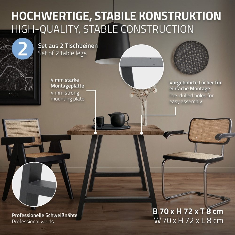 ECD Germany Tischbein 2x Tischgestell Tischkufen A-Design aus pulverbeschichtetem Stahl, Metall Möbelfüße 70x72 cm Tischuntergestell für Esstisch Schreibtisch – Bild 2 von 5