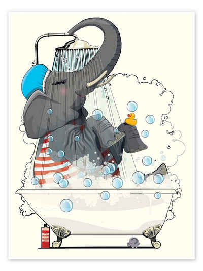 Posterlounge Poster Wyatt9, Elefant in der Badewanne, Badezimmer Illustration
