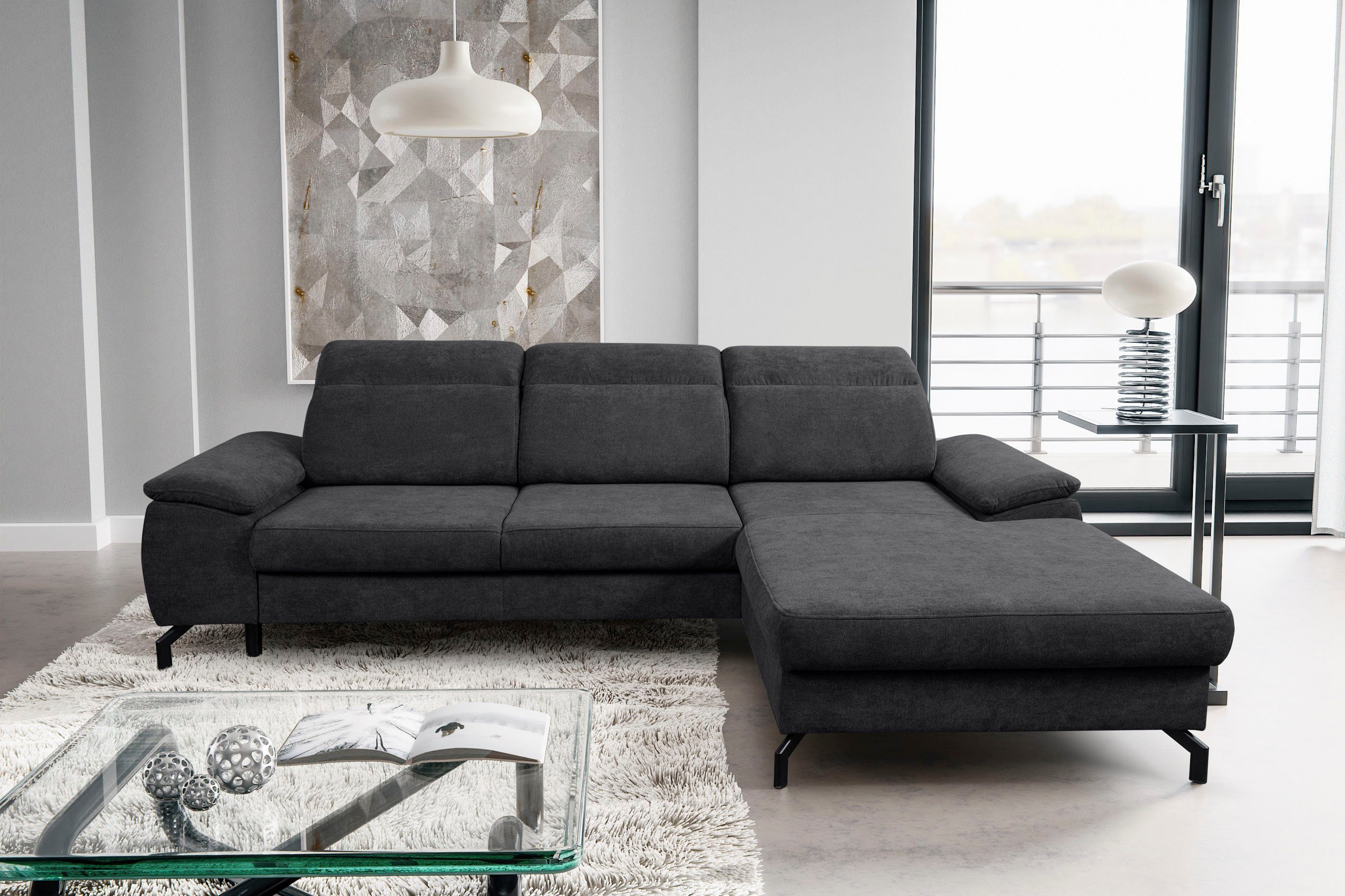 WERK2 Ecksofa Panama, Modernes Sofa mit verstellbar Anthrazit Bettkasten, Kopfteile Anthrazit Anthrazit | | Schlaffunktion