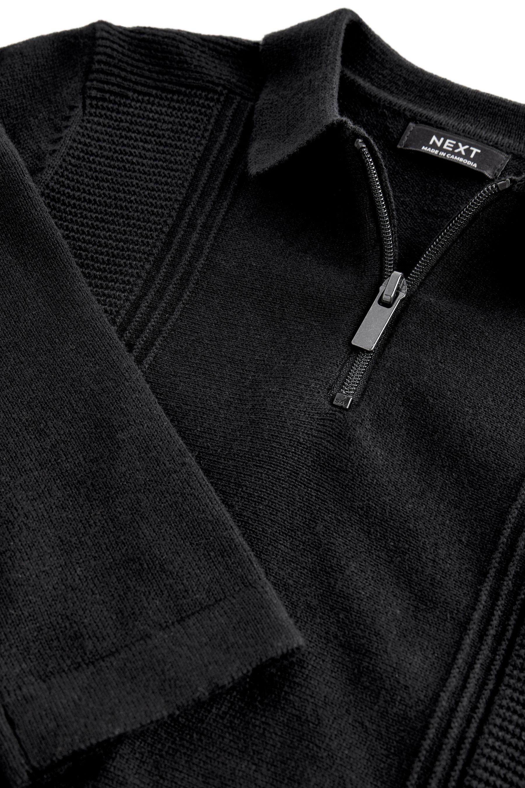 Next Polokragenpullover Langarm-Poloshirt mit Struktur Black und (1-tlg) Reißverschluss