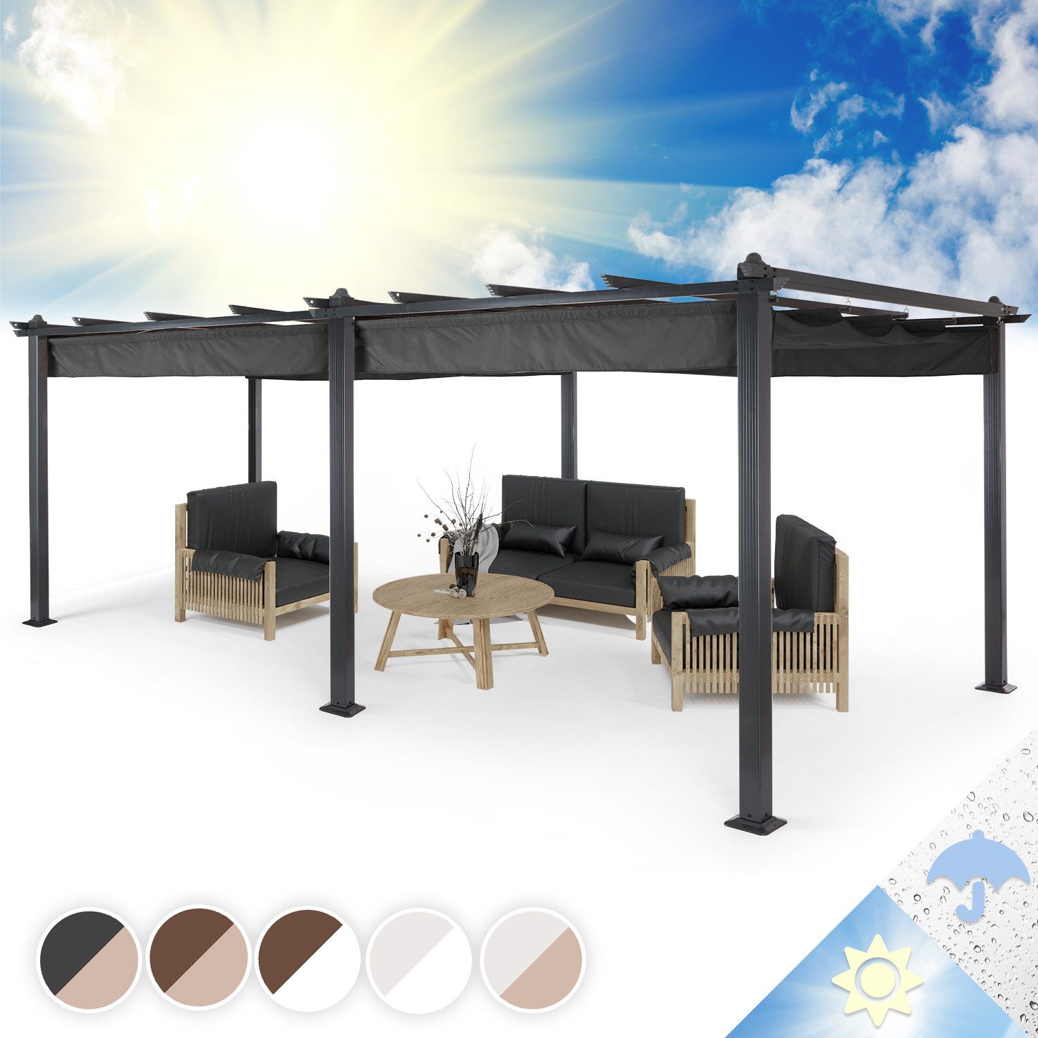 blumfeldt Pavillon Pantheon 3x6 Pergola 3x6 m Aluminium Polyester PU UV 200g/m² grau, Terrassenüberdachung Grillpavillon Gartenpavillon Sonnenschutz