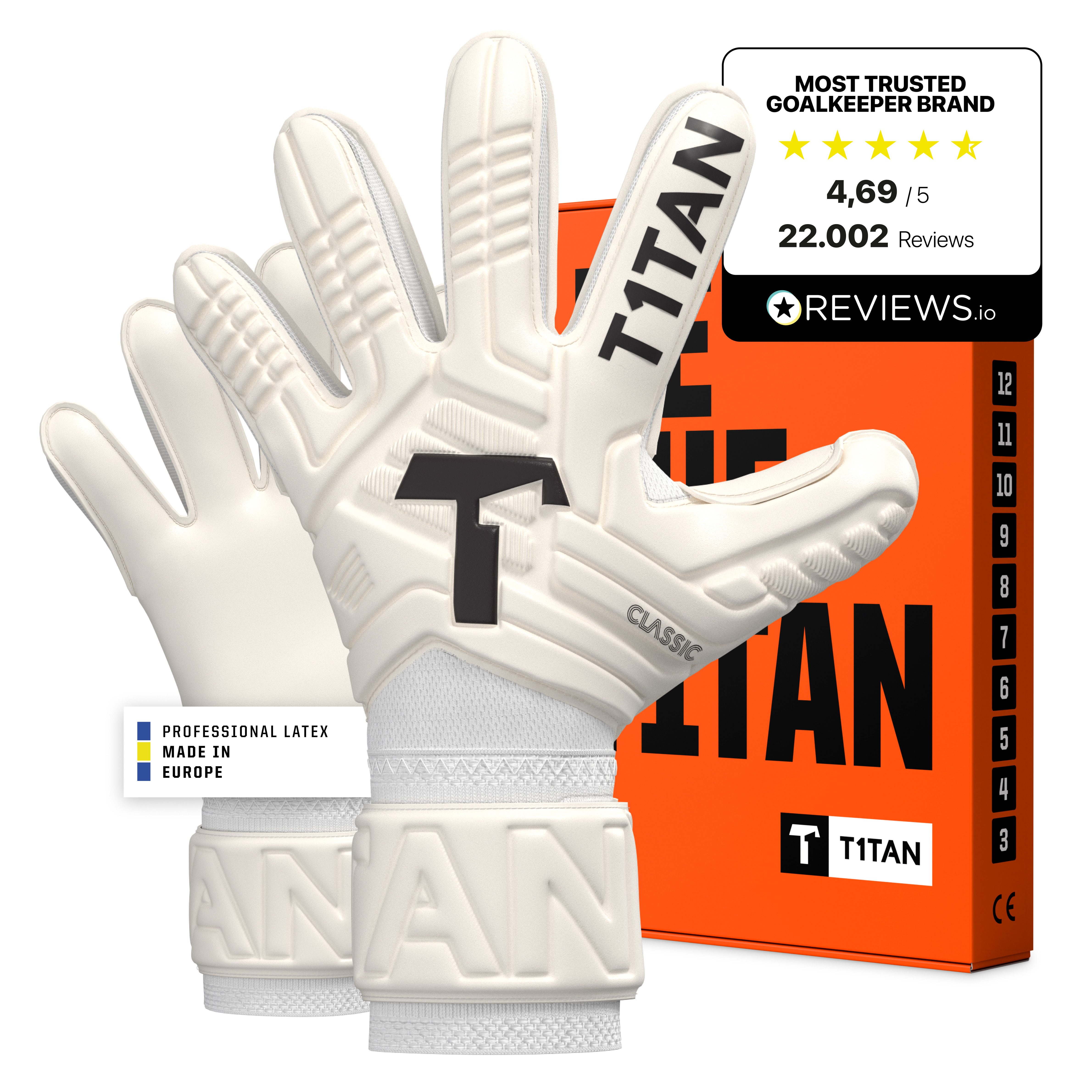 T1TAN Torwarthandschuhe Erwachsene, CLASSIC White-Out, Größe 6-11