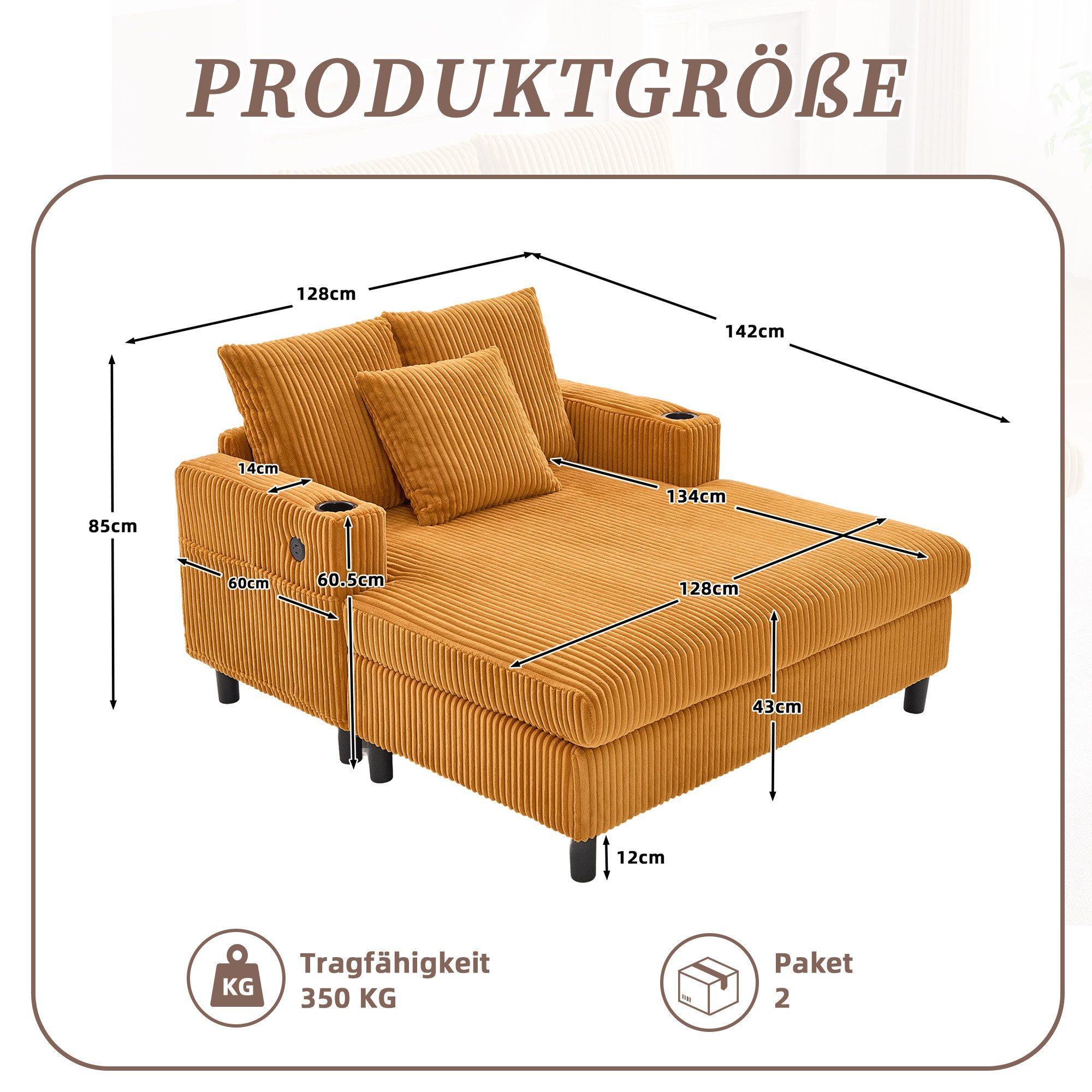 LVHOM Polsterliege XXL Relaxsessel mit LED-Licht & Ladestation - Haustierfreundlich (3 abnehmbare Kissen, große Seitentaschen, USB/Typ-C-Ladeanschlüssen, Getränkehalter, Großer Chaiselongue-Sessel, Ottomane in kratzfestem Cordstoff), Ergonomische Polsterung für Wohnzimmer, Büro oder Wintergarten