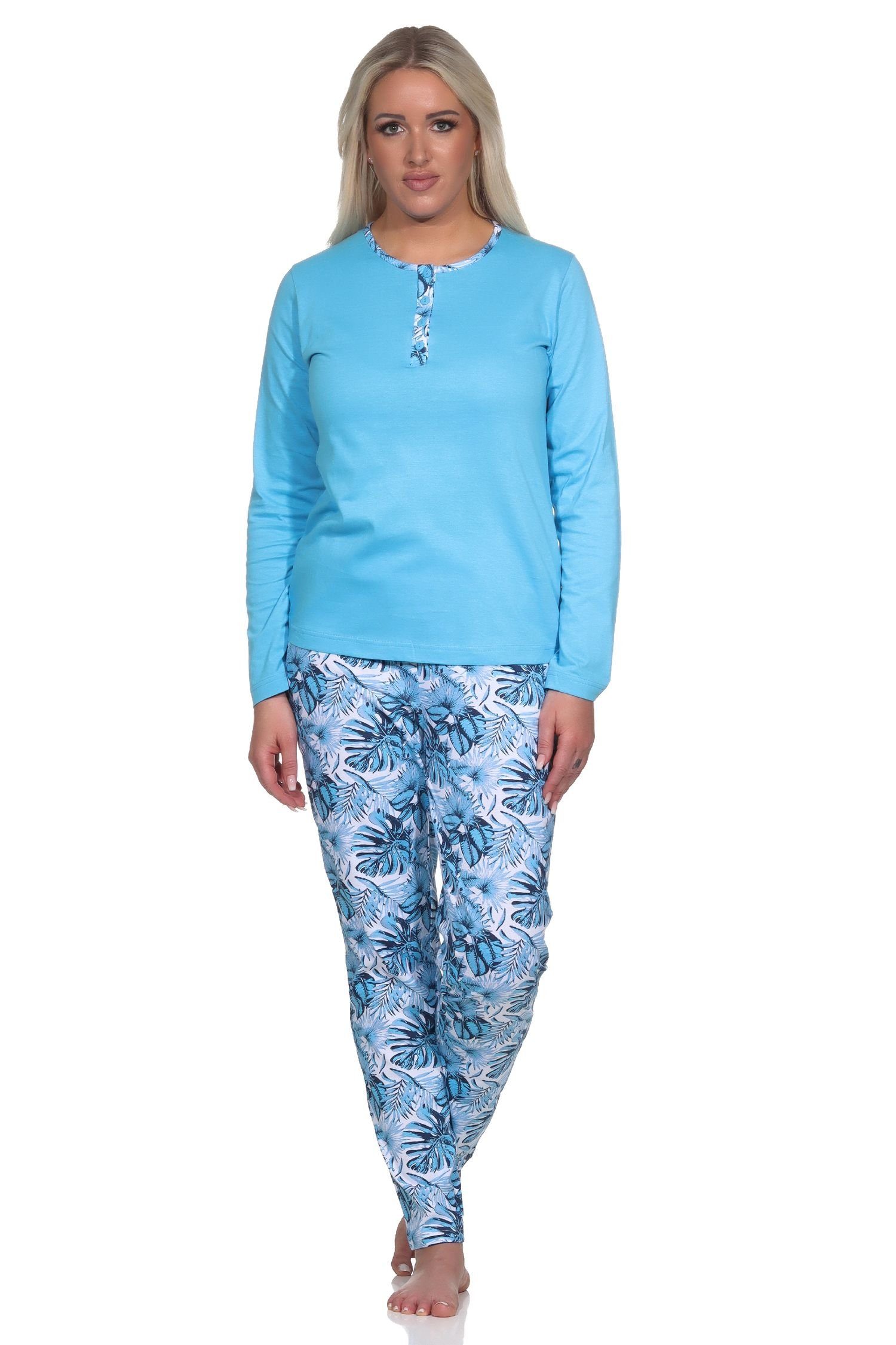in Hose in mit - Normann blau Übergrößen floralem Damen Pyjama Print Schlafanzug auch
