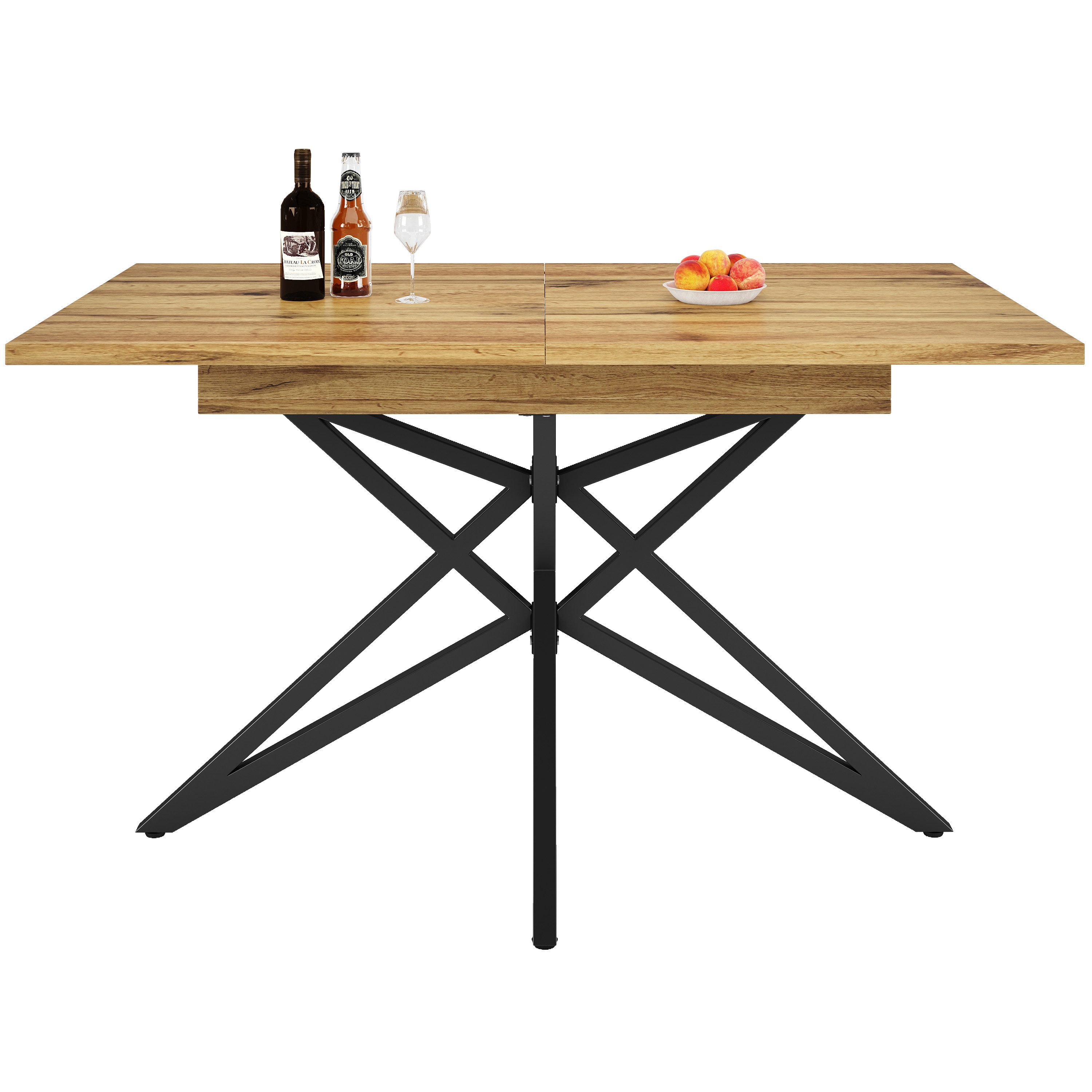 Flieks Esstisch ausziehbarer Tisch (Metallbeine mit verstellbaren Fußstützen, Länge 120-160/T80/H76 cm, 1-St., 1 Tisch), rechteckiger Küchentisch Holzmaserung, sternförmige Tischbeine