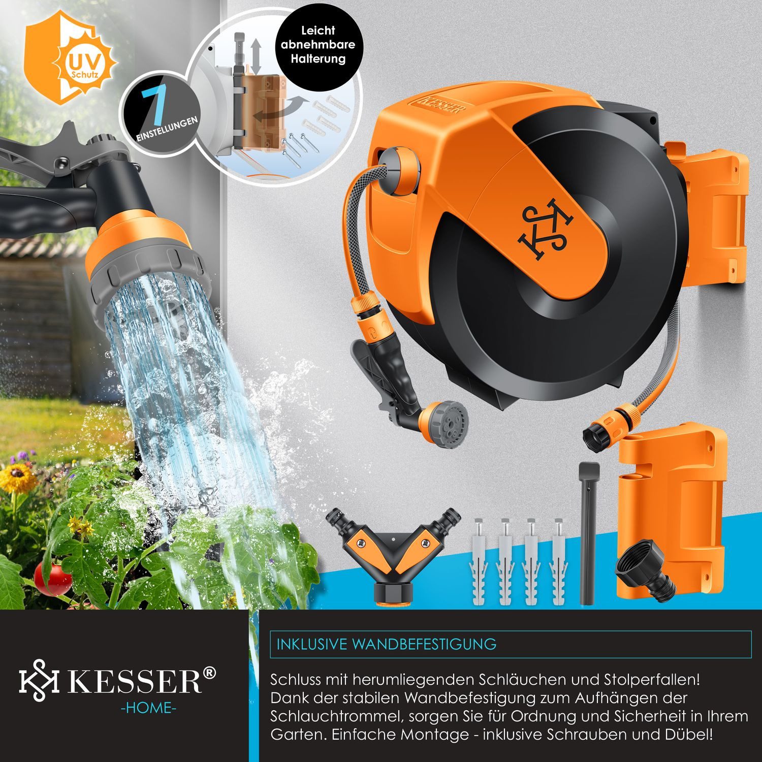 KESSER Gartenschlauch Wasserschlauchtrommel 180° schwenkbar & automatische Aufrollung, (Inklusive ergonomischer 7-Funktionen-Power-Handbrause), Schlauchtrommel mit Gartenschlauch zur Wandmontage Wand-Schlauchbox