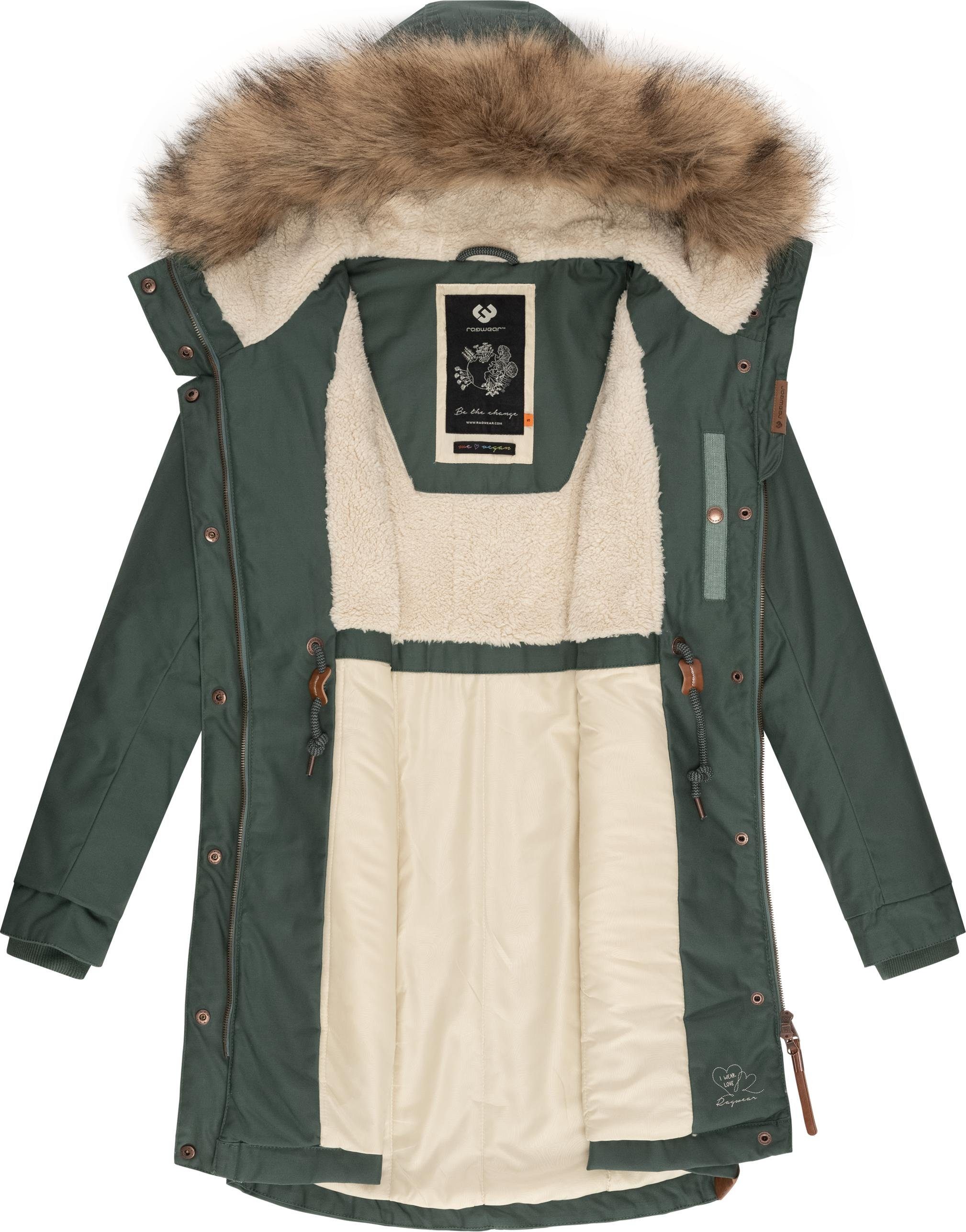 Kunstfellkragen Tawny Kapuze großer mit tannengrün stylischer und Winterjacke Ragwear Winterparka