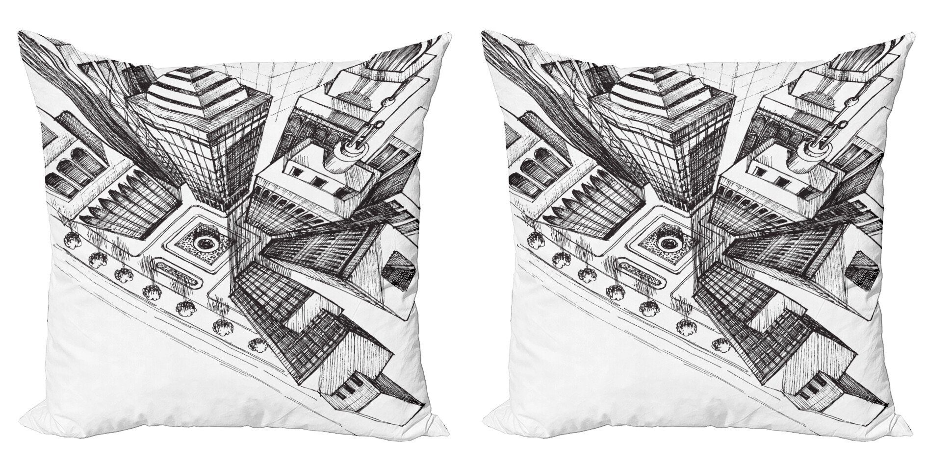 Kissenbezüge Modern Accent Doppelseitiger Digitaldruck, Abakuhaus (2 Stück), Stadt Luftaufnahme Skizze Wolkenkratzer