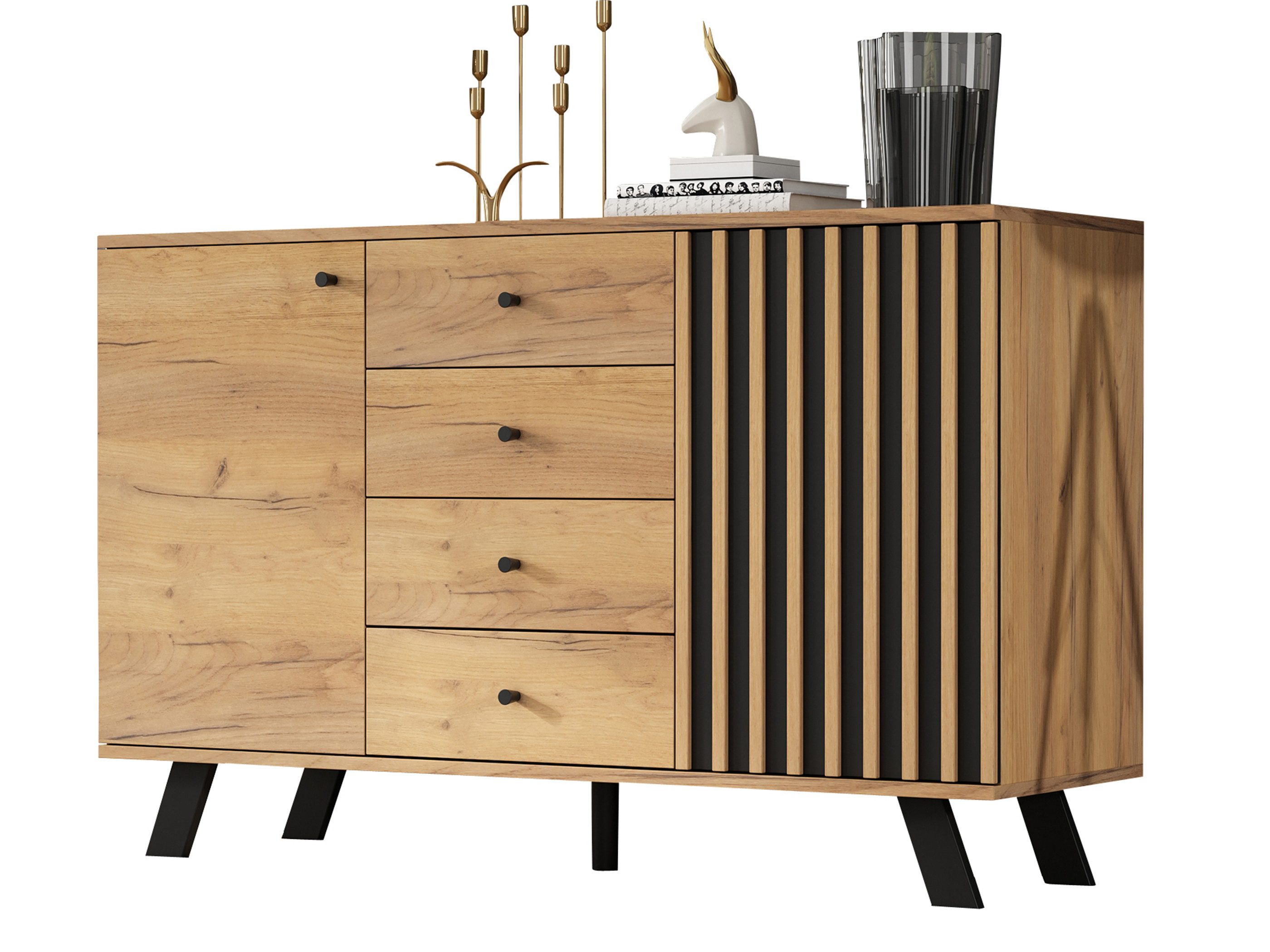 SeedWave Sideboard Kontrastfarbe Kommode mit 4 Schubladen, 4 Fächern, Massiveholzfüßen, Wohnzimmerschrank inkl. 2 höhenverstellbare Einlegeböden