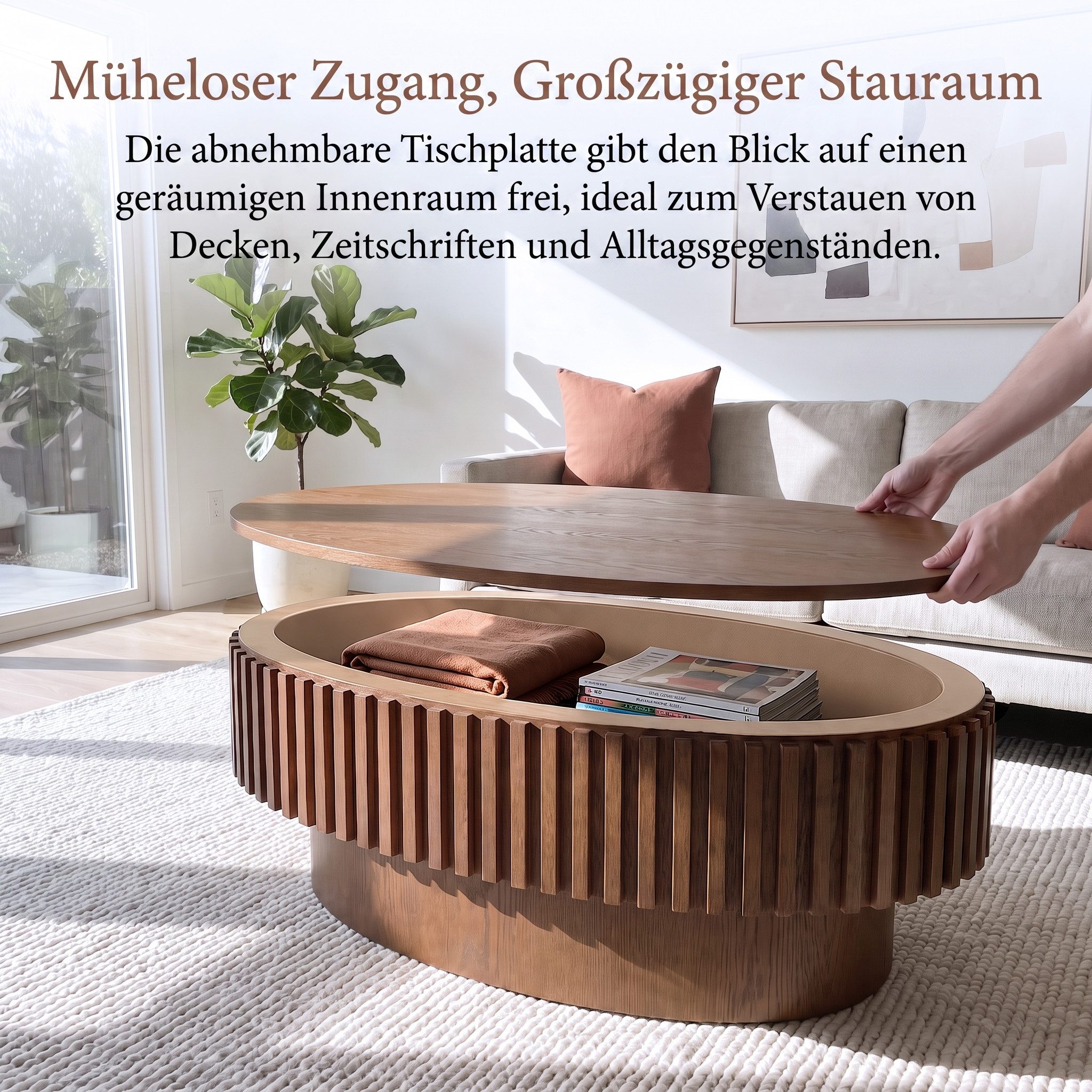 Celya Couchtisch 98 cm Ovaler Cocktailtisch mit verstecktem Stauraum (aus Massivholzfurnier, einfache Montage in 5 Minuten) – Bild 5 von 5