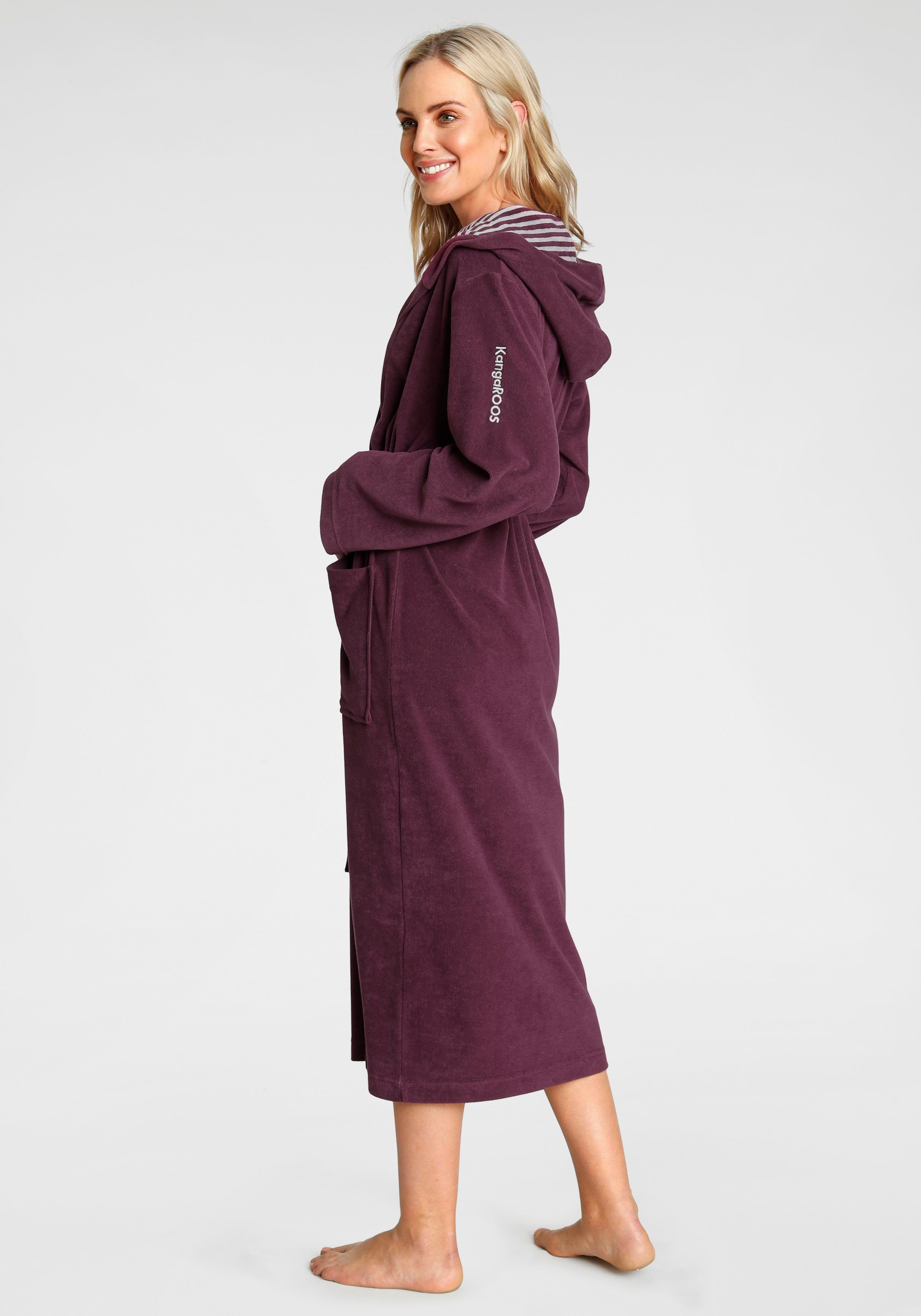 KangaROOS Damenbademantel Dalia, ideal für Sauna & Spa, Standardlänge & Überlänge, Langform, Leichtfrottier, Kapuze, Gürtel, Uni-Farben mit Streifen, Taschen, leicht, XS-3XL, auch in extra lang