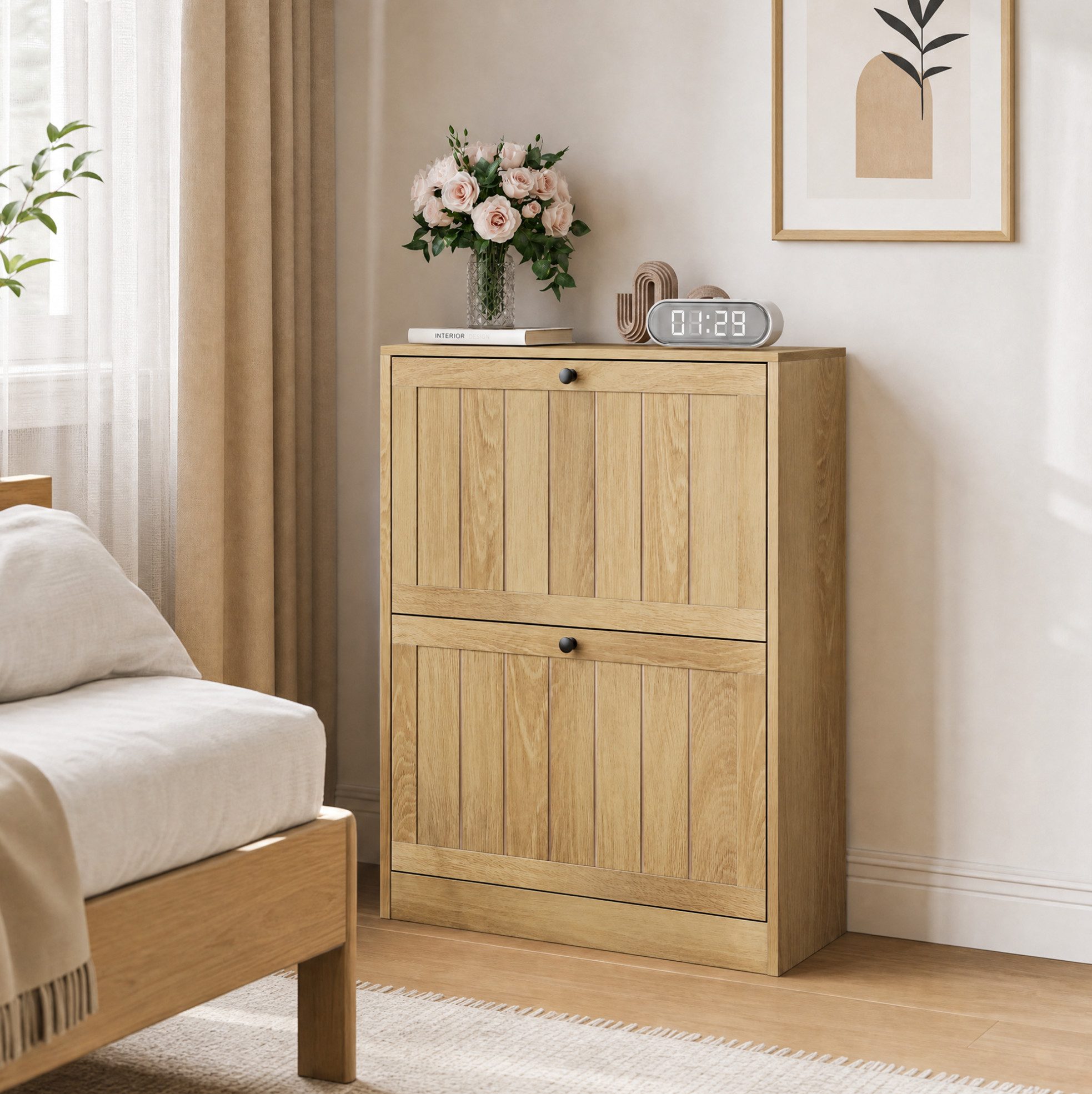 OKWISH Schuhschrank Freistehendes Schuhmöbel im Mid Century Modern Stil für Flur (Packung, 1-St., Schuhaufbewahrung mit verstecktem Stauraum für Eingangsbereich) Schuhkipper 60 cm Eichenfarben mit 2 Klappschubladen