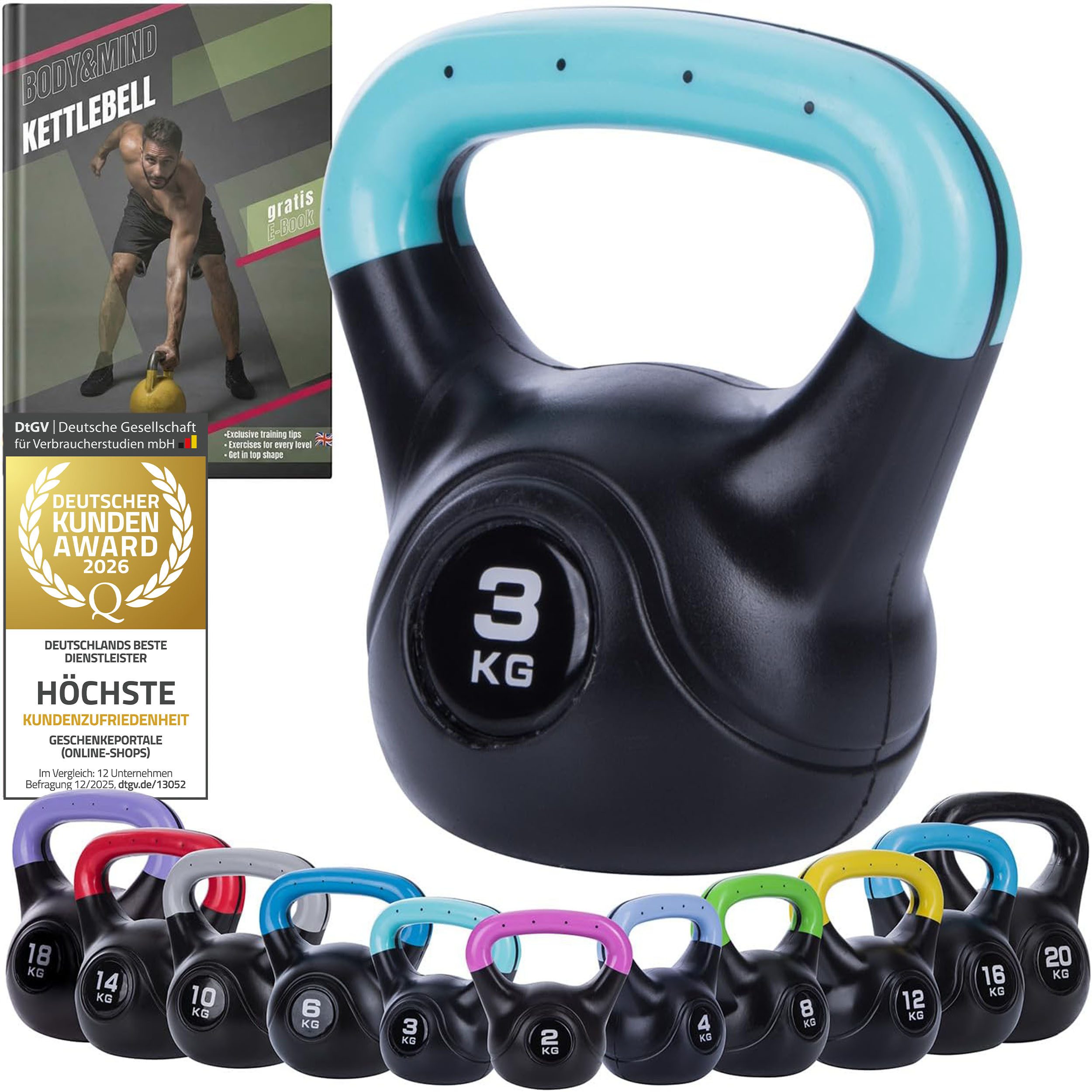 Body & Mind Kettlebell Body & Mind Kettlebell 2–20 kg – Profi Kettlebell mit Kunststoffmantel, (Profi Schwunghantel), Kraftraining Workout Gewicht (3 kg)