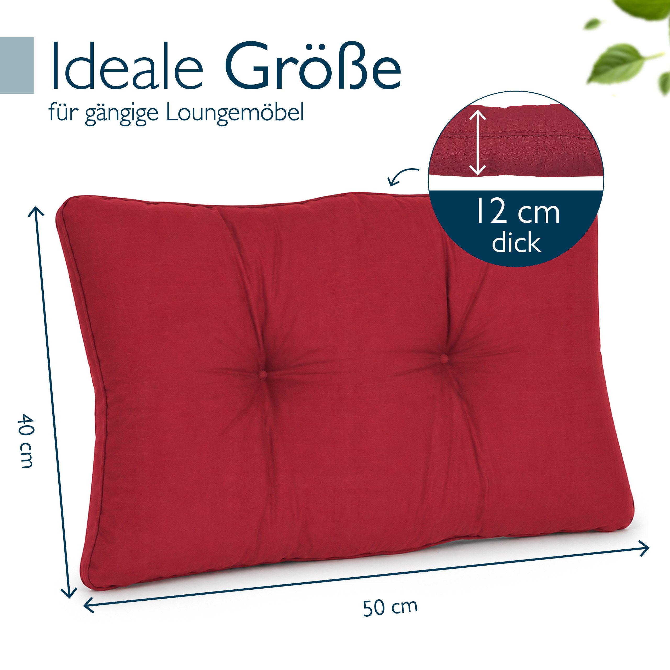 Beautissu Sitzkissen Lounge Kissen Outdoor Rot XLuna, 50x40cm, Sitzkissen Gartenstuhl 10 cm dick Sitzpolster Auflagen für Gartenmöbel