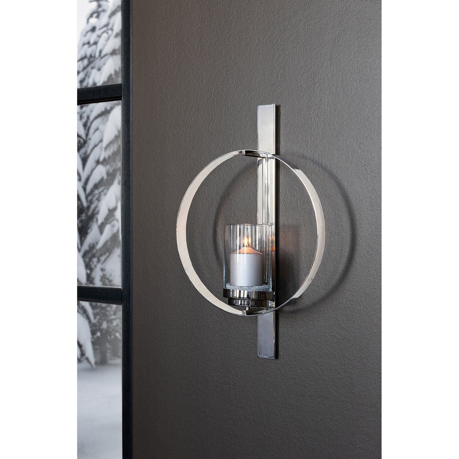 Fink Wandkerzenhalter CLARION Wandleuchter - H. 65cm x D. 40cm - silber - Edelstahl/Glas (1 St., Wandkerzenhalter - Wandlaterne), Elegante Wandlampe mit Glas - Stilvolle Wandbeleuchtung & Wandfackel