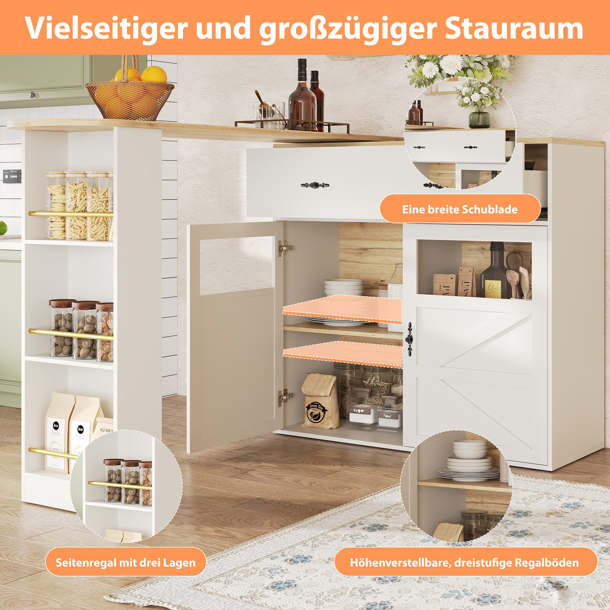 i@home Bartisch Ausziehbarer Bartisch mit Stauraum(138-204×39×104cm), 360° drehbare Essbar,mit Regalen,schwarz/weiß – Bild 3 von 5
